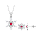 Vintage Lab Grown Ruby and Diamond Snowflake Pendant and Earrings Lab Created Ruby - ( AAAA ) - Quality - Rosec Jewels