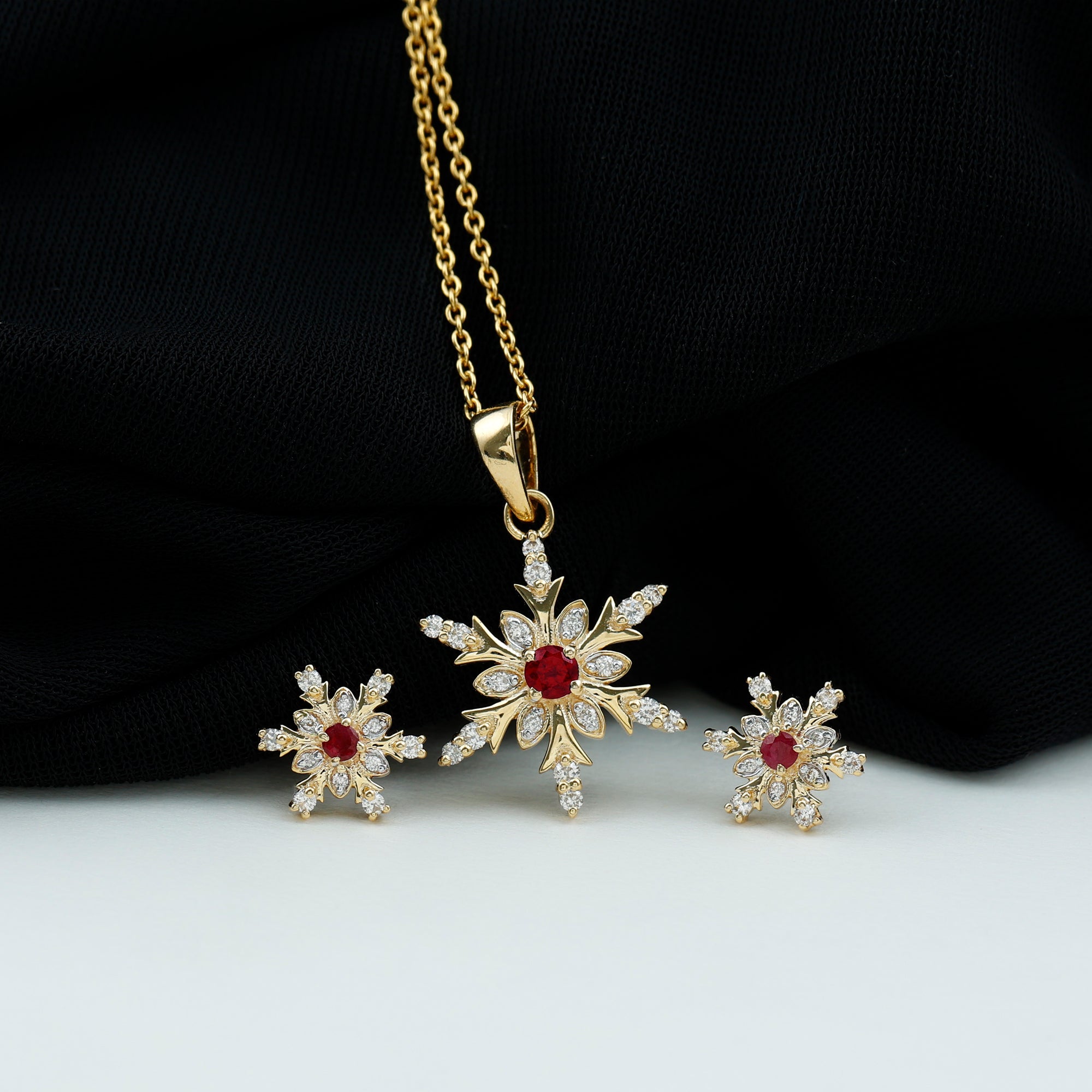 Vintage Lab Grown Ruby and Diamond Snowflake Pendant and Earrings Lab Created Ruby - ( AAAA ) - Quality - Rosec Jewels