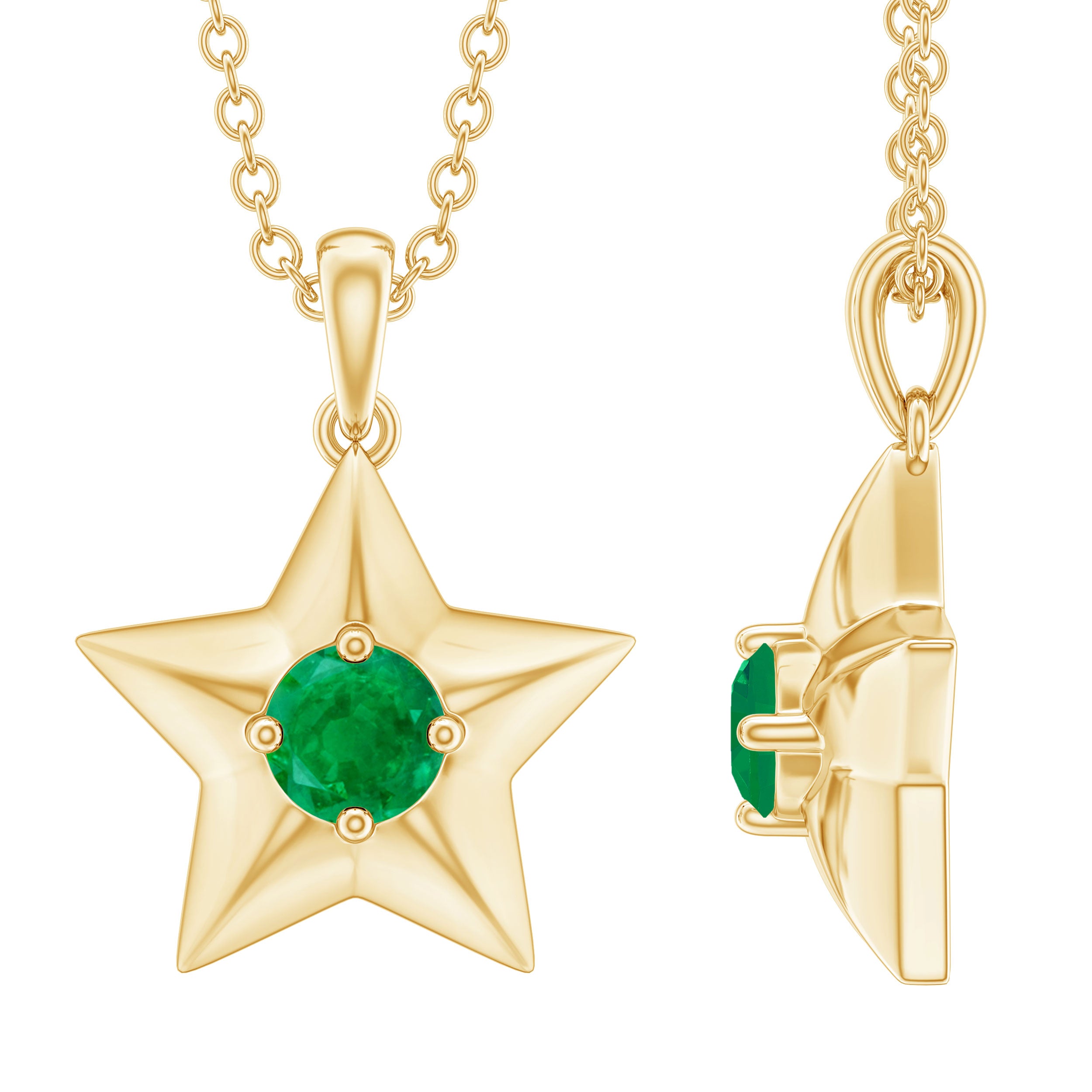 Round Cut Emerald and Gold Star Pendant Necklace Emerald - ( AAA ) - Quality - Rosec Jewels