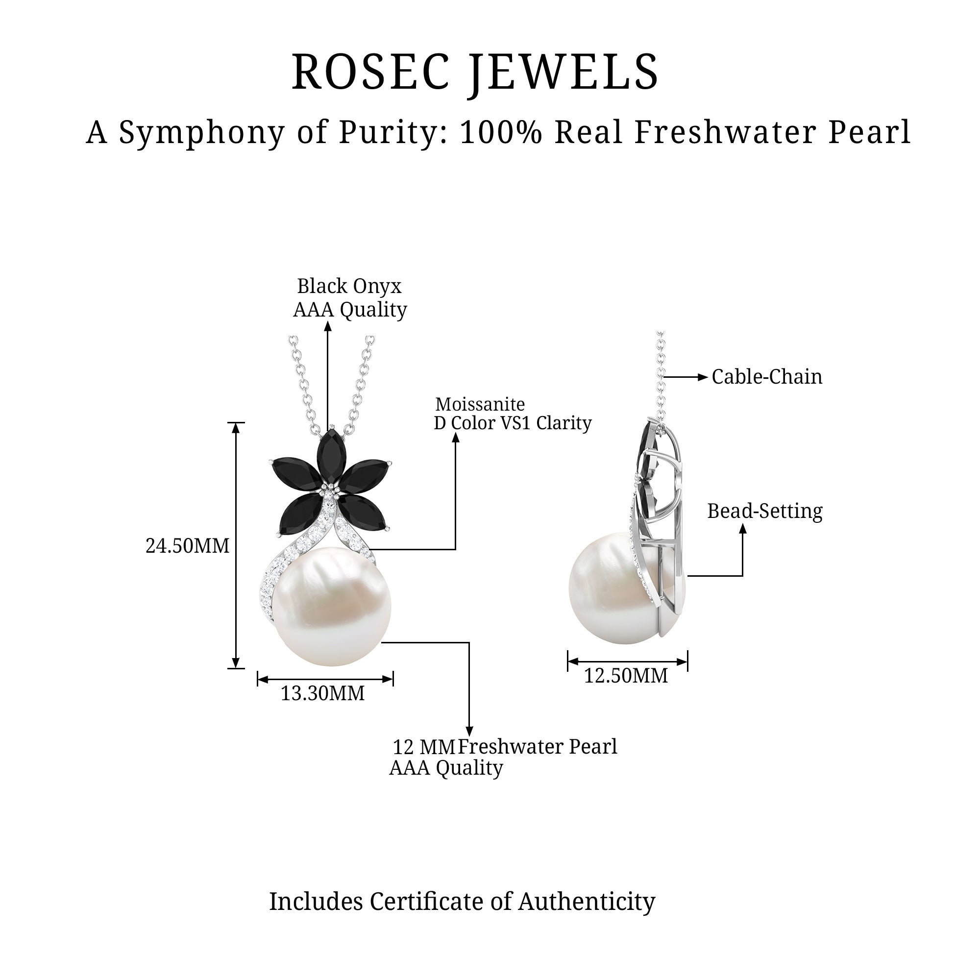 Floral Inspired Freshwater Pearl and Black Onyx Silver Pendant with Moissanite Accent - Rosec Jewels