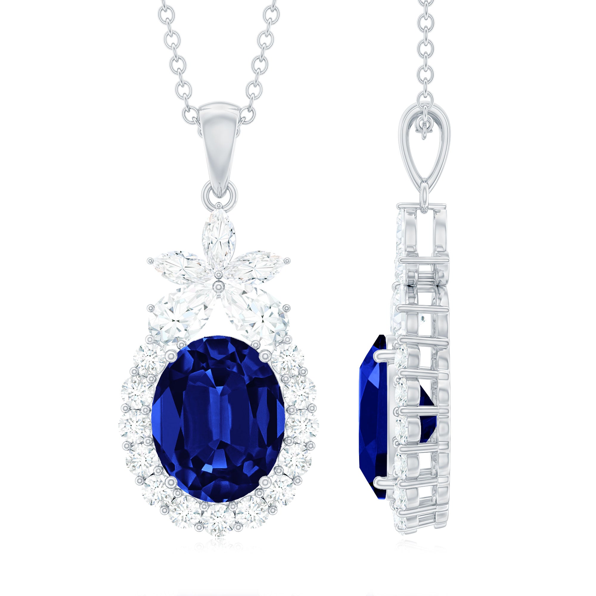 Oval Cut Created Blue Sapphire and Moissanite Floral Statement Pendant Lab Created Blue Sapphire - ( AAAA ) - Quality - Rosec Jewels