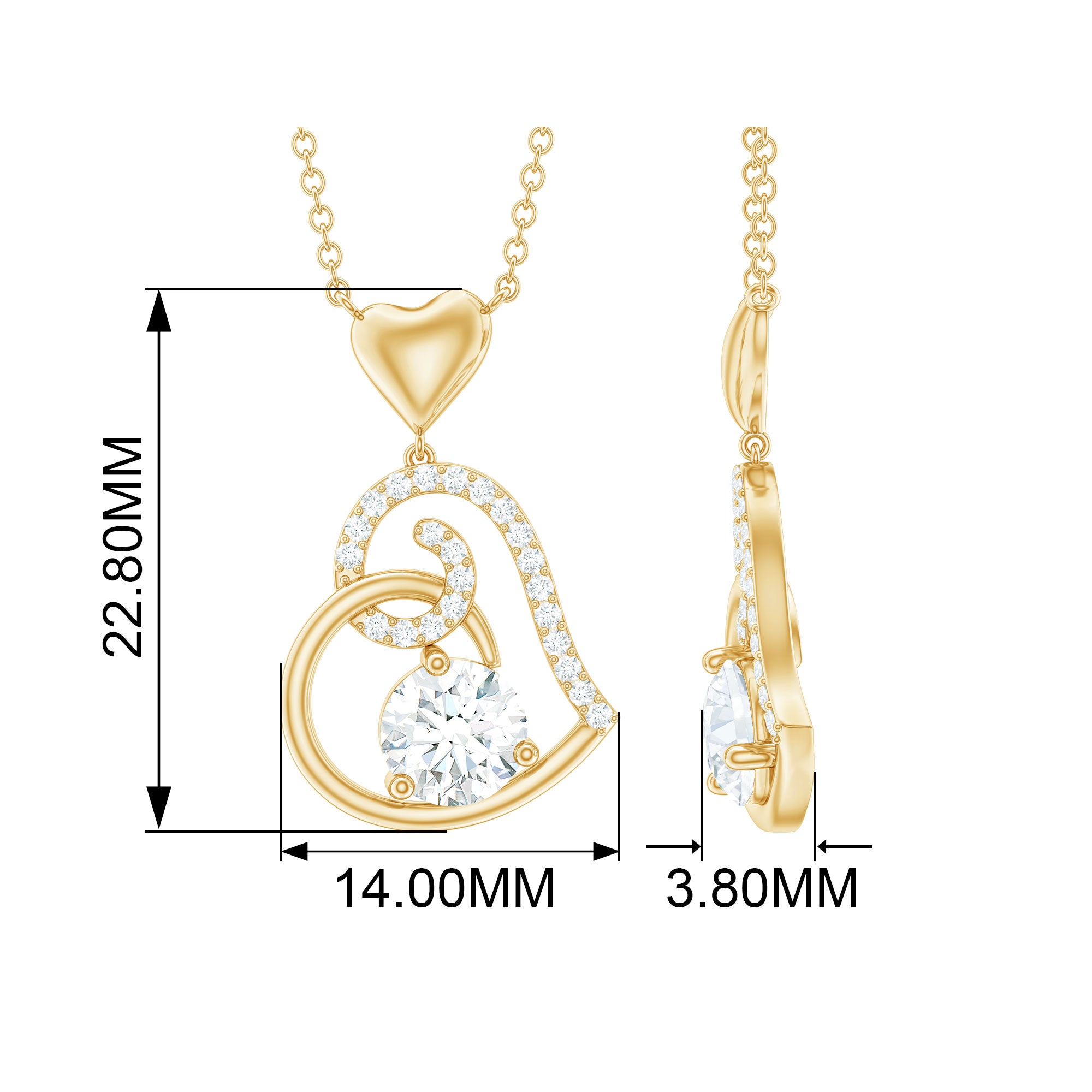 1.25 CT Cubic Zirconia and Gold Heart Pendant Necklace Zircon - ( AAAA ) - Quality - Rosec Jewels