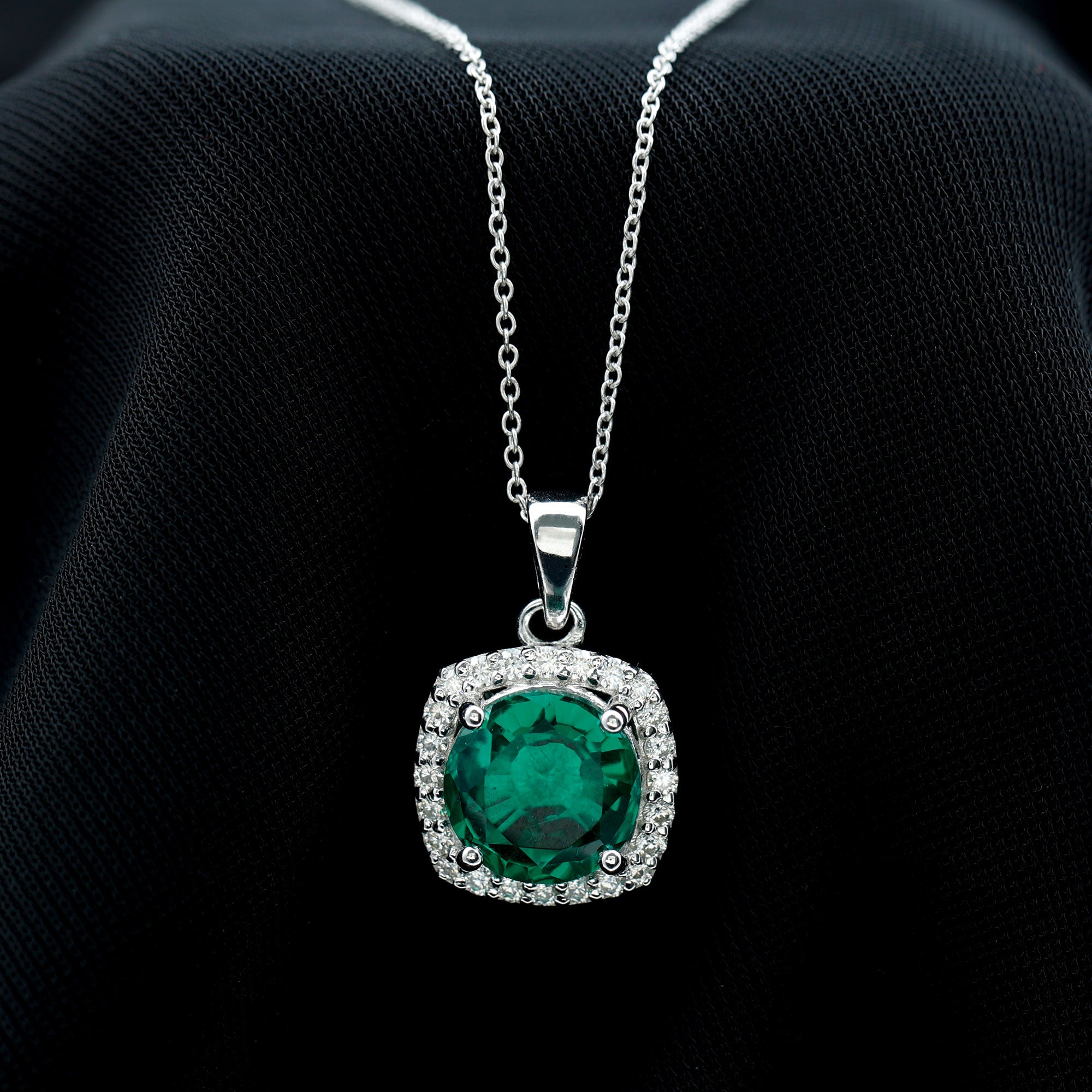 10 MM Classic Solitaire Created Emerald and Moissanite Silver Halo Pendant Necklace - Rosec Jewels