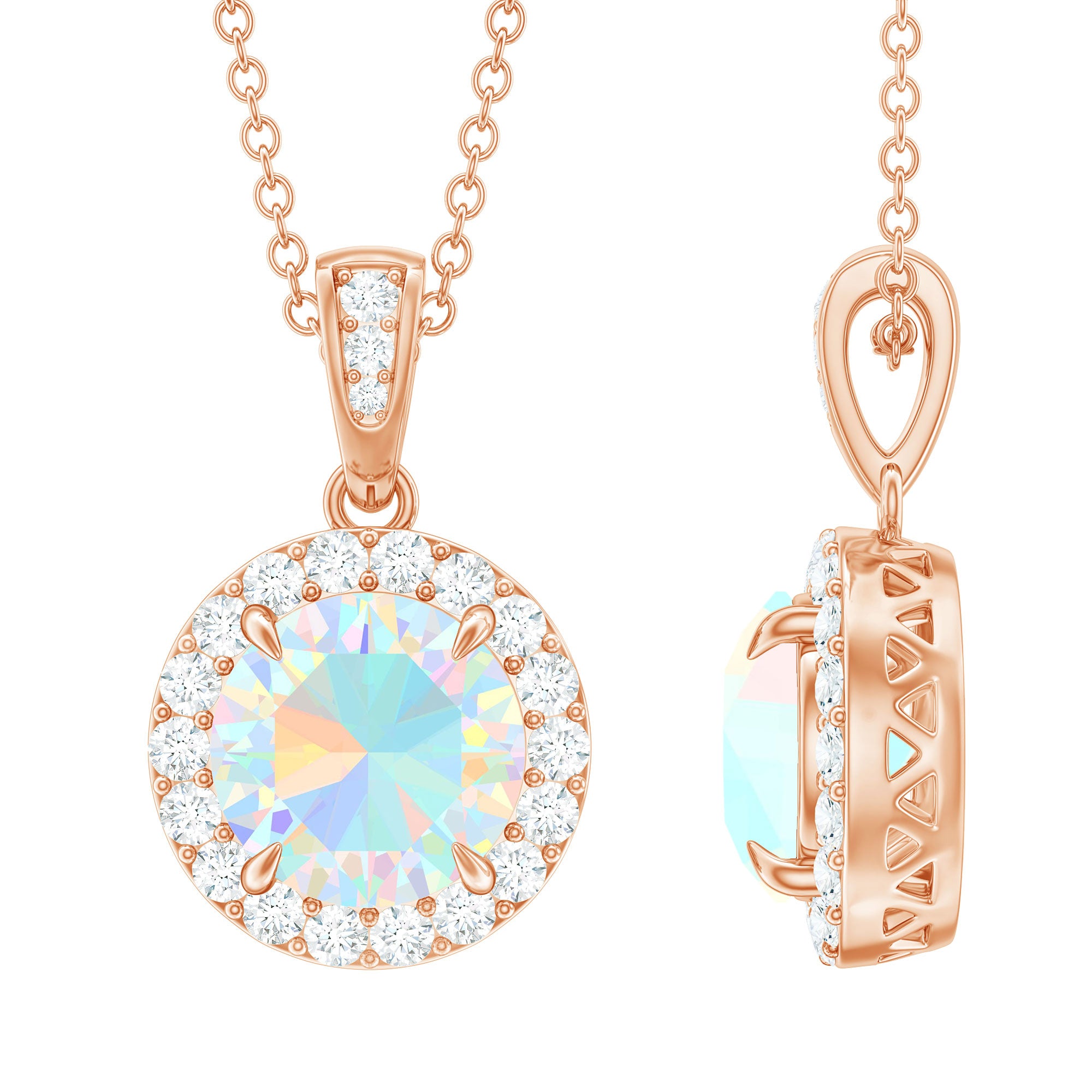 Real Ethiopian Opal and Moissanite Halo Pendant Necklace Ethiopian Opal - ( AAA ) - Quality - Rosec Jewels