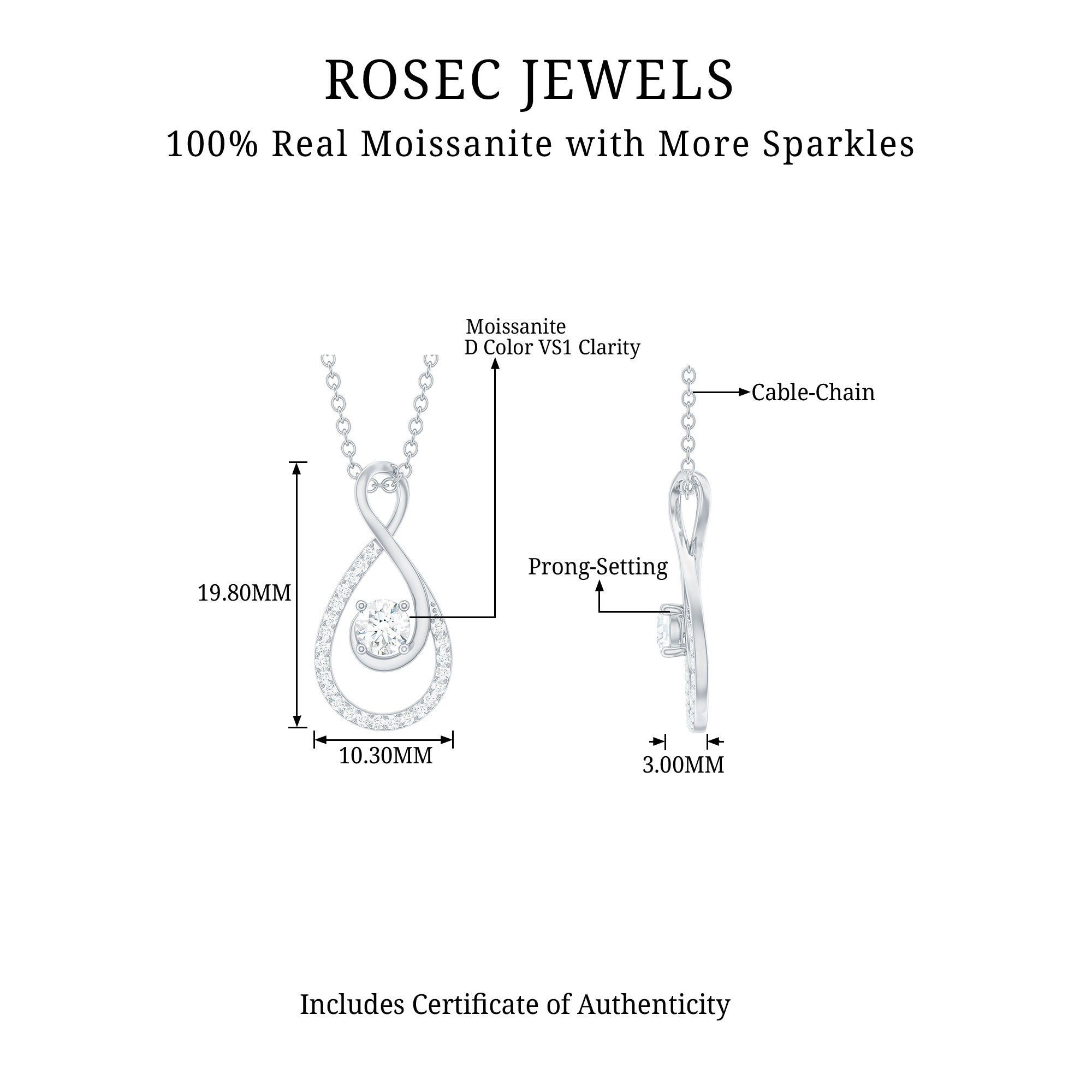 Certified Moissanite Silver Infinity Drop Pendant Necklace - Rosec Jewels