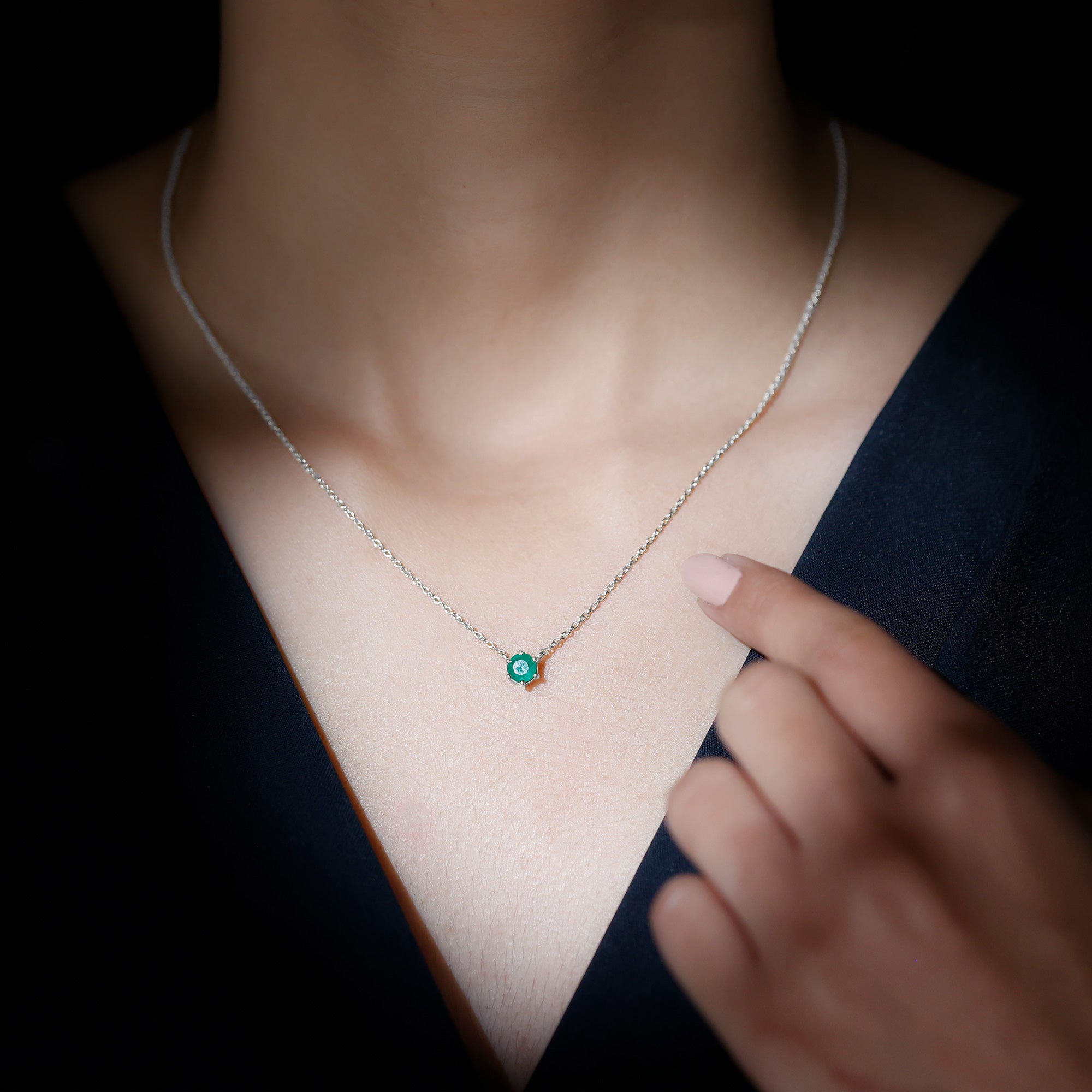 5 MM Round Cut Solitaire Emerald Necklace in 6 Prong Setting Emerald - ( AAA ) - Quality - Rosec Jewels