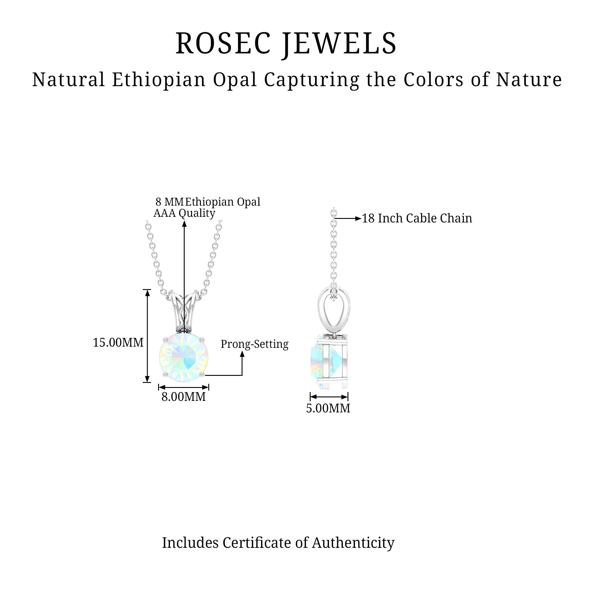 8X8 MM Round Shape Ethiopian Opal Solitaire Pendant in 4 Prong Setting with Decorative Bail Ethiopian Opal - ( AAA ) - Quality - Rosec Jewels