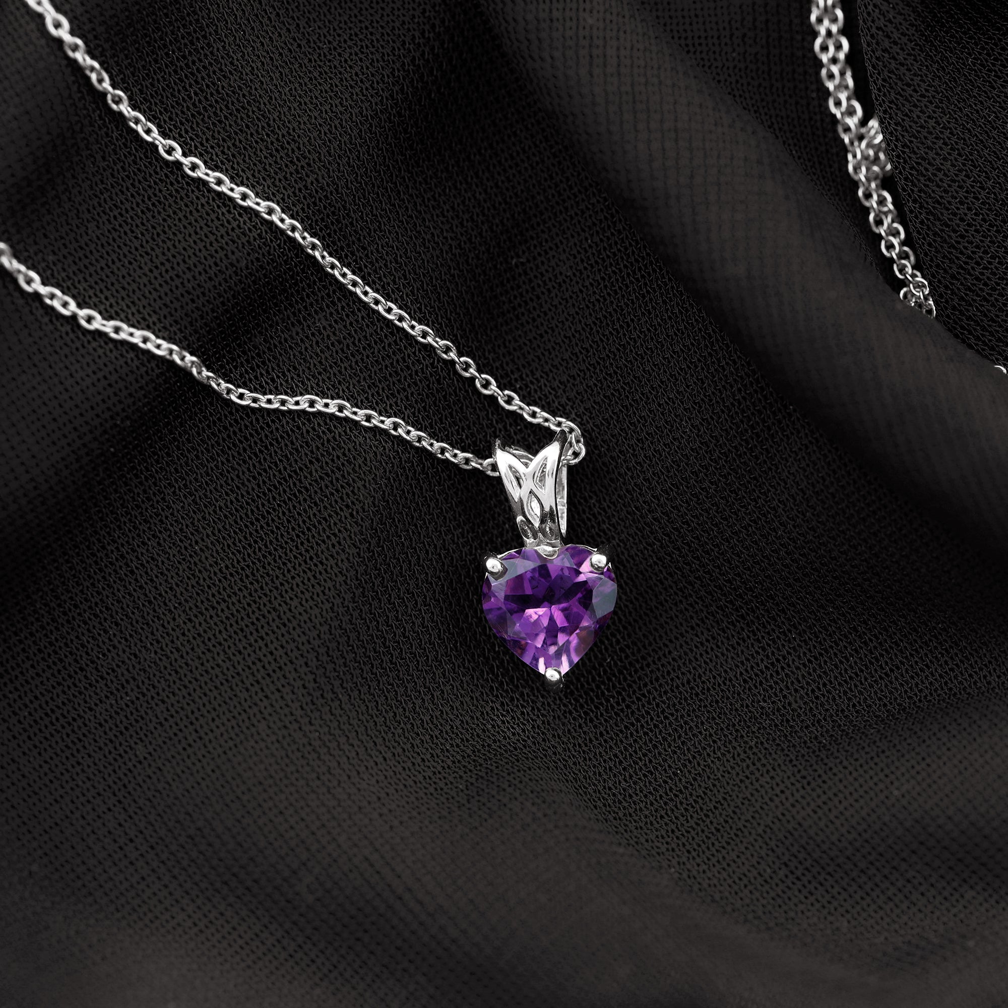 8 MM Heart Shape Amethyst Silver Pendant in 3 Prong Setting with Decorative Bail - Rosec Jewels