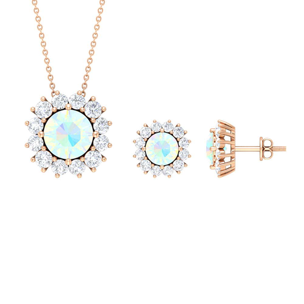 Ethiopian Opal and Moissanite Halo Pendant and Earrings Set Ethiopian Opal - ( AAA ) - Quality - Rosec Jewels