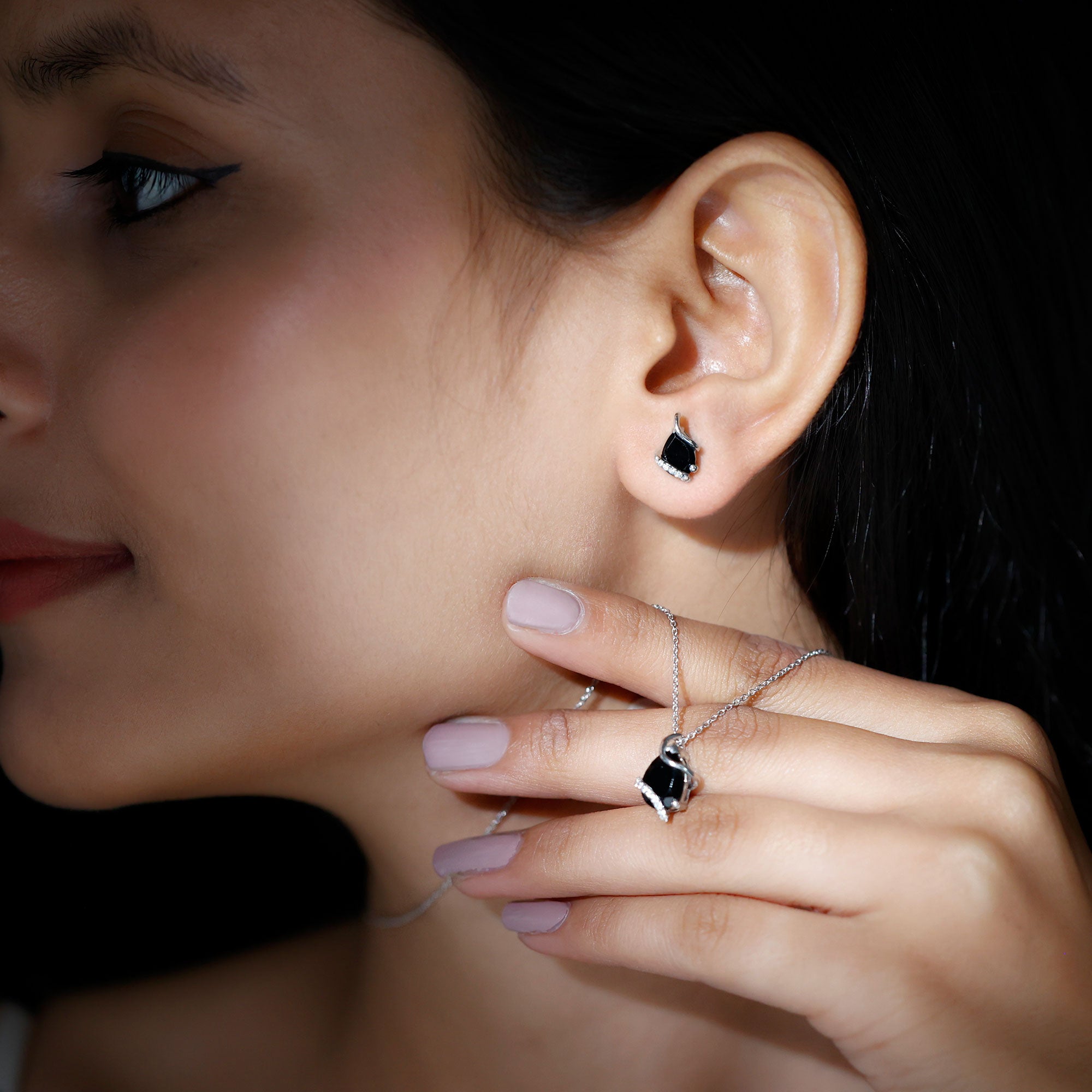 3 CT Black Spinel and Moissanite Teardrop Pendant Earrings Set in Silver - Rosec Jewels