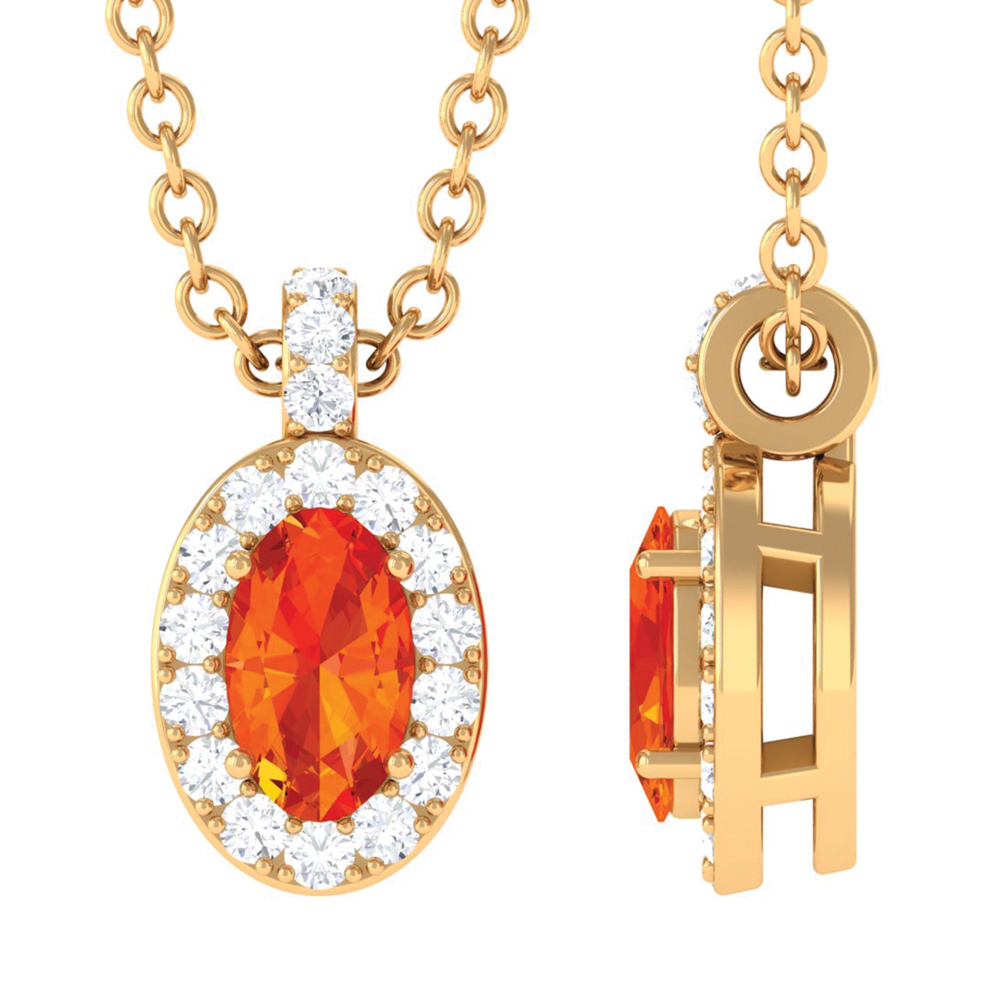 Oval Shape Orange Sapphire and Diamond Halo Pendant Orange Sapphire - ( AAA ) - Quality - Rosec Jewels