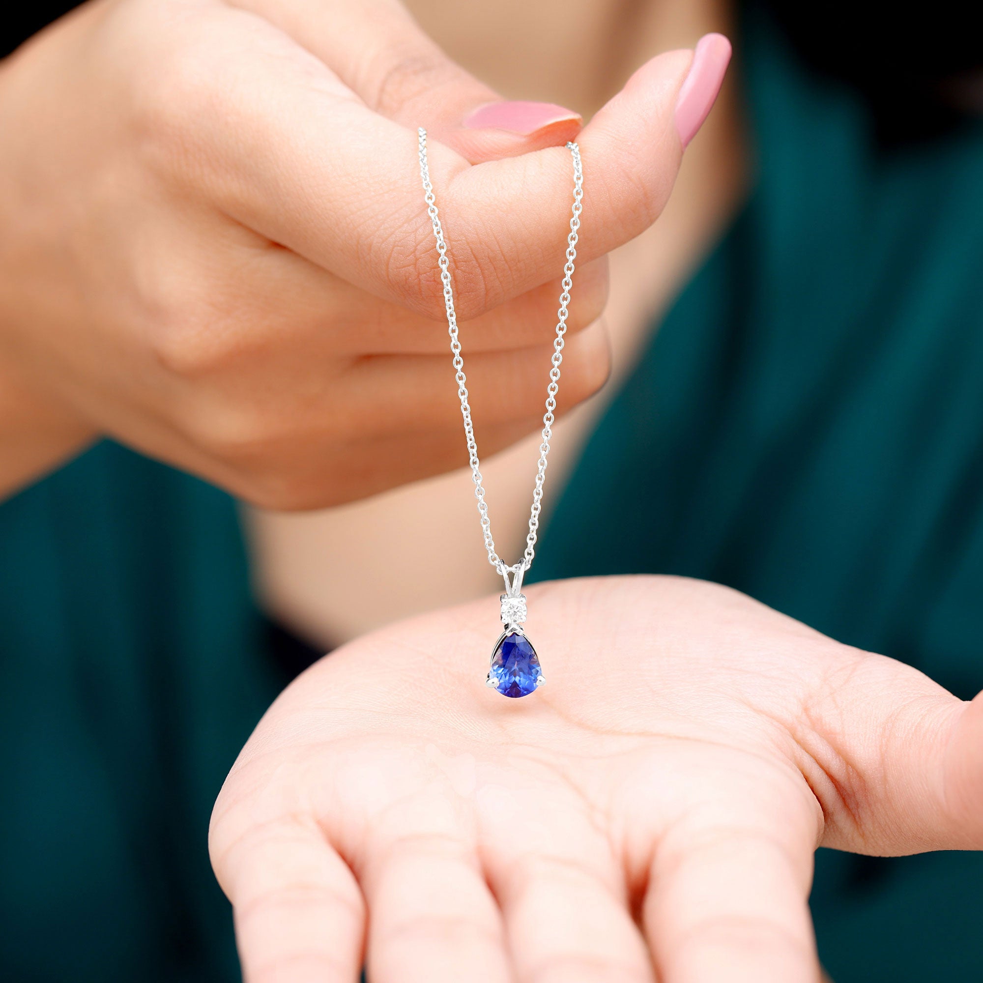 Created Blue Sapphire and Moissanite Modern Teardrop Pendant in Silver - Rosec Jewels