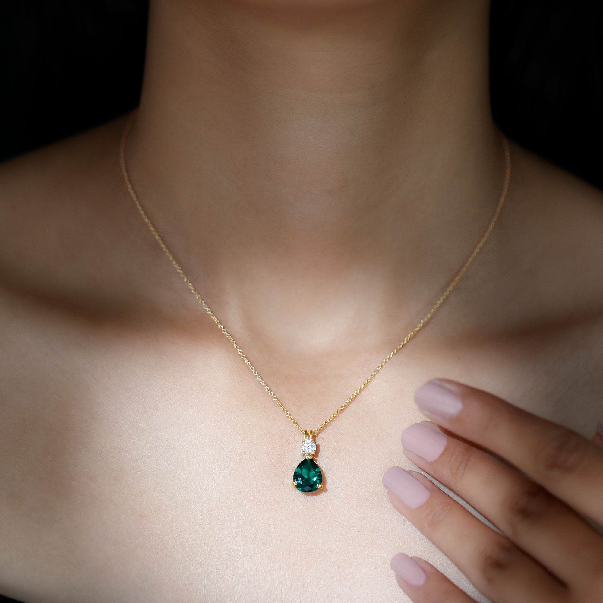 Created Emerald and Zircon Modern Teardrop Pendant Lab Created Emerald - ( AAAA ) - Quality - Rosec Jewels