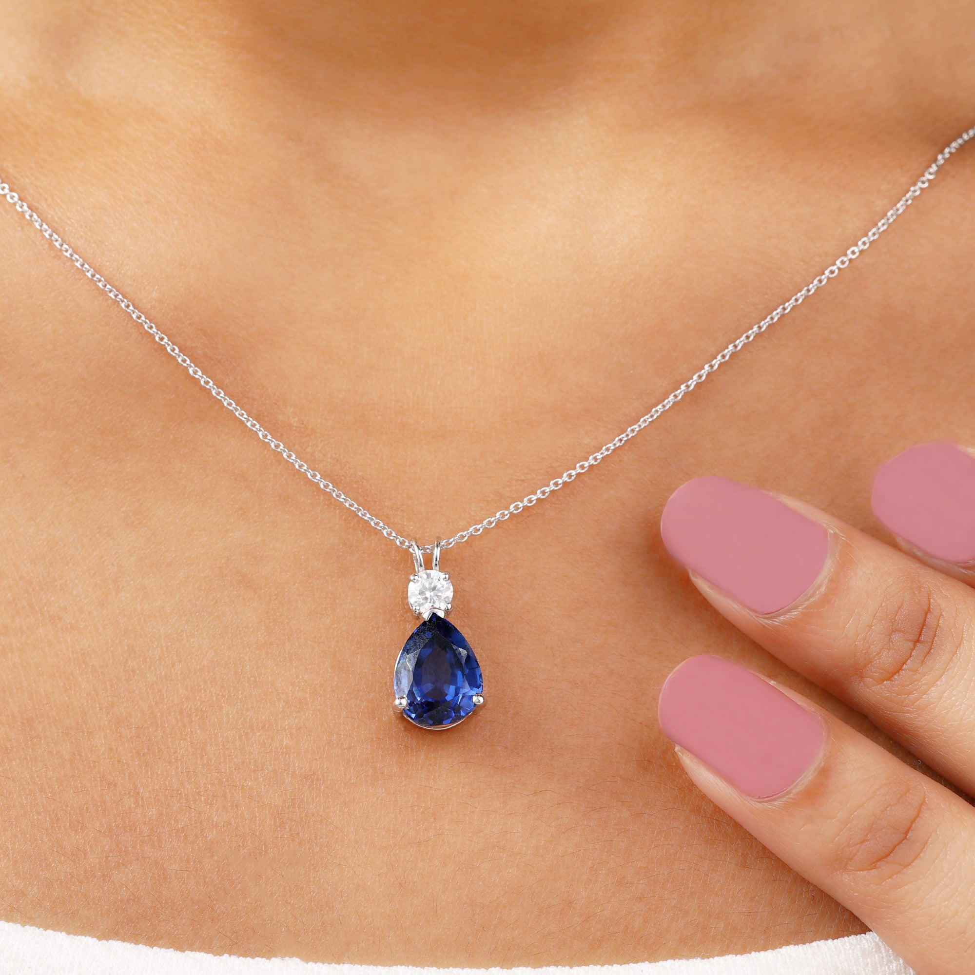 Created Blue Sapphire Teardrop Pendant Necklace Lab Created Blue Sapphire - ( AAAA ) - Quality - Rosec Jewels