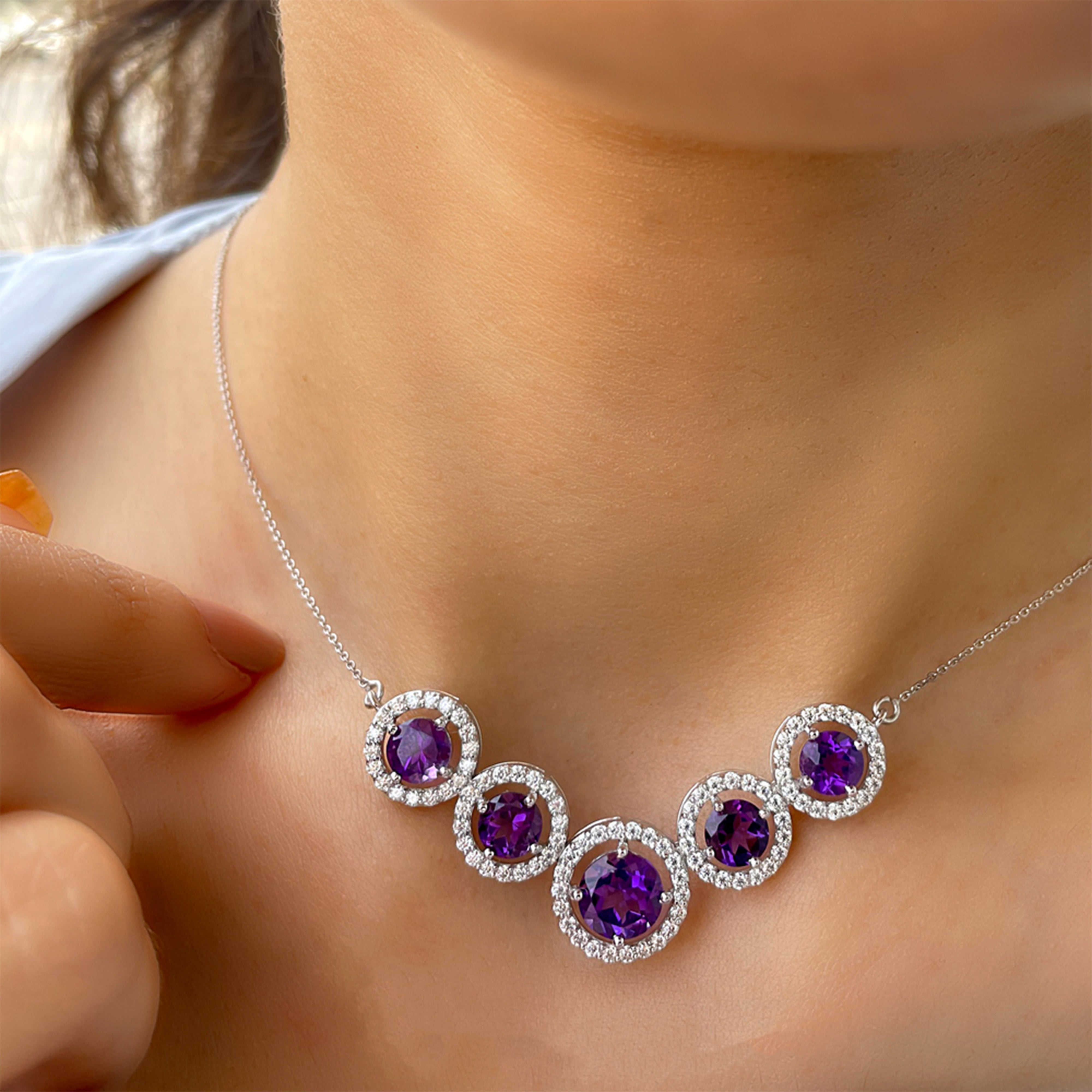 Amethyst Five Stone and Moissanite Halo Necklace in Gold Amethyst - ( AAA ) - Quality - Rosec Jewels