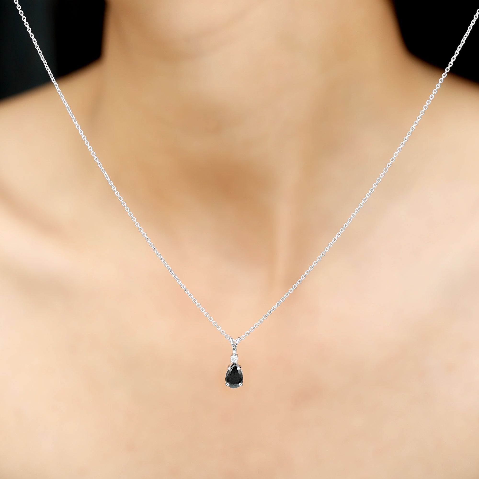 Pear Shape Black Onyx Solitaire Pendant with Diamond Black Onyx - ( AAA ) - Quality - Rosec Jewels