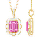 Vintage Emerald Cut Created Pink Sapphire Pendant with Moissanite Lab Created Pink Sapphire - ( AAAA ) - Quality - Rosec Jewels