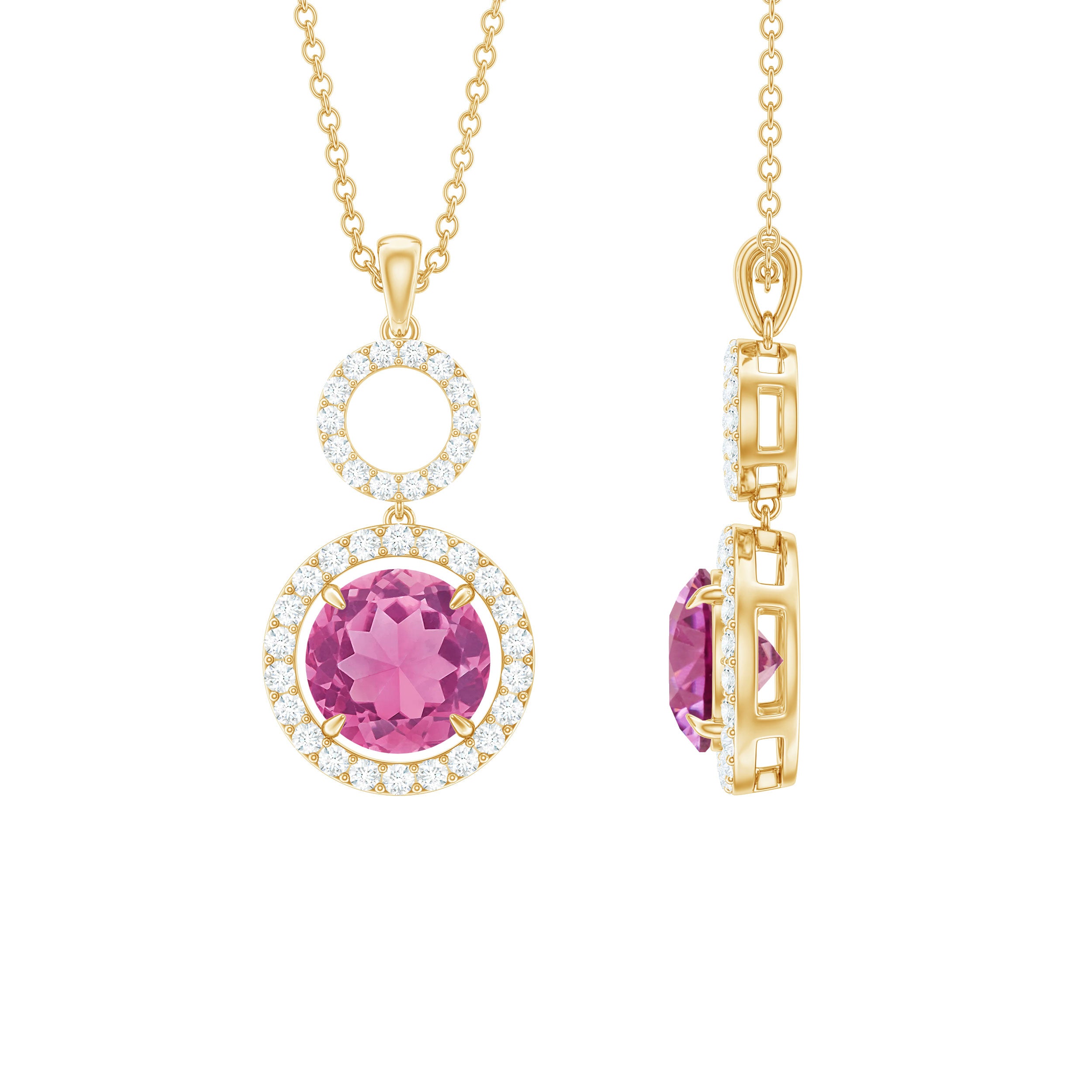 Pink Tourmaline and Moissanite Dangle Pendant Necklace Pink Tourmaline - ( AAA ) - Quality - Rosec Jewels