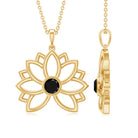 Gold Lotus Flower Pendant with 3 MM Round Cut Black Diamond Black Diamond - ( AAA ) - Quality - Rosec Jewels