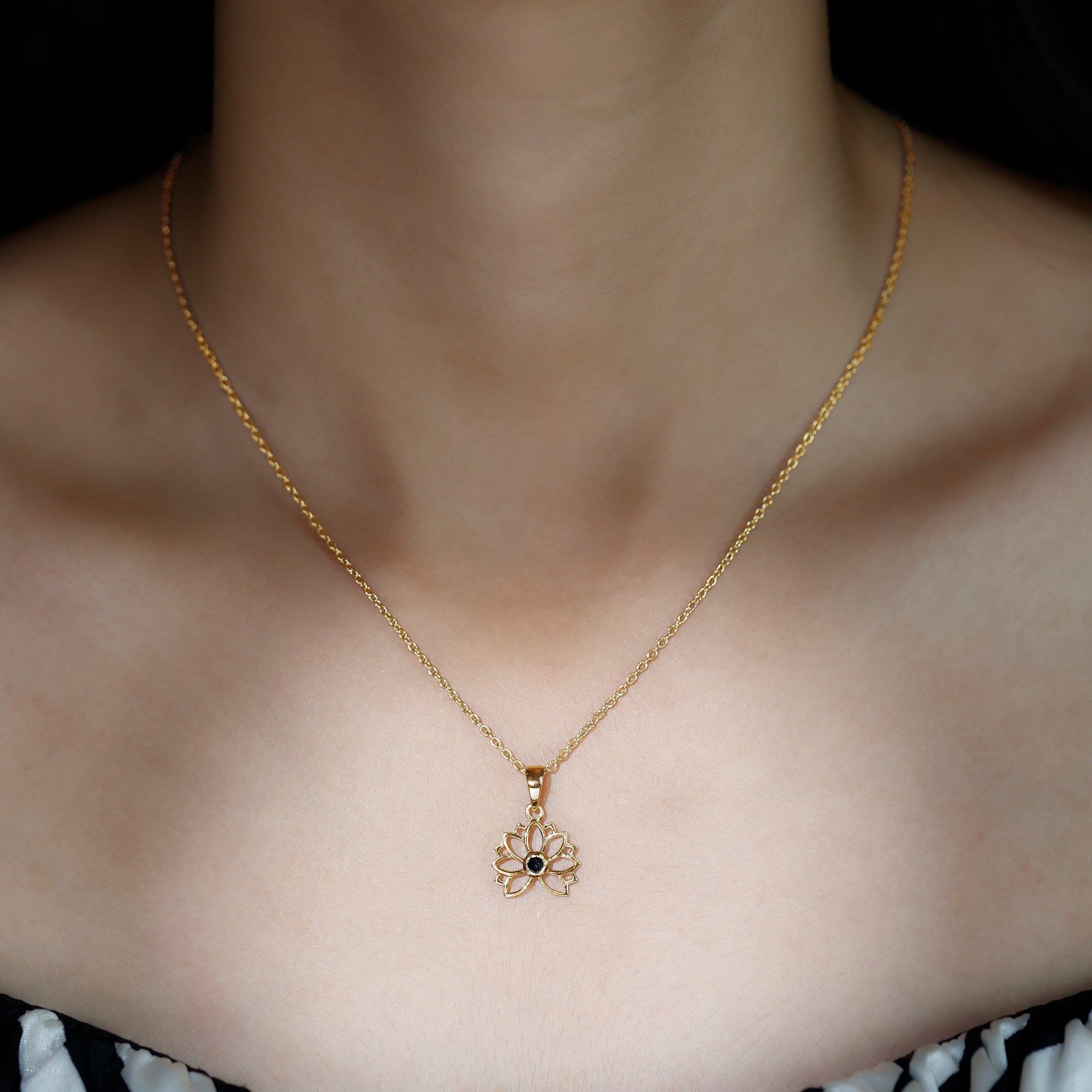 Gold Lotus Flower Pendant with 3 MM Round Cut Black Diamond Rosec Jewels