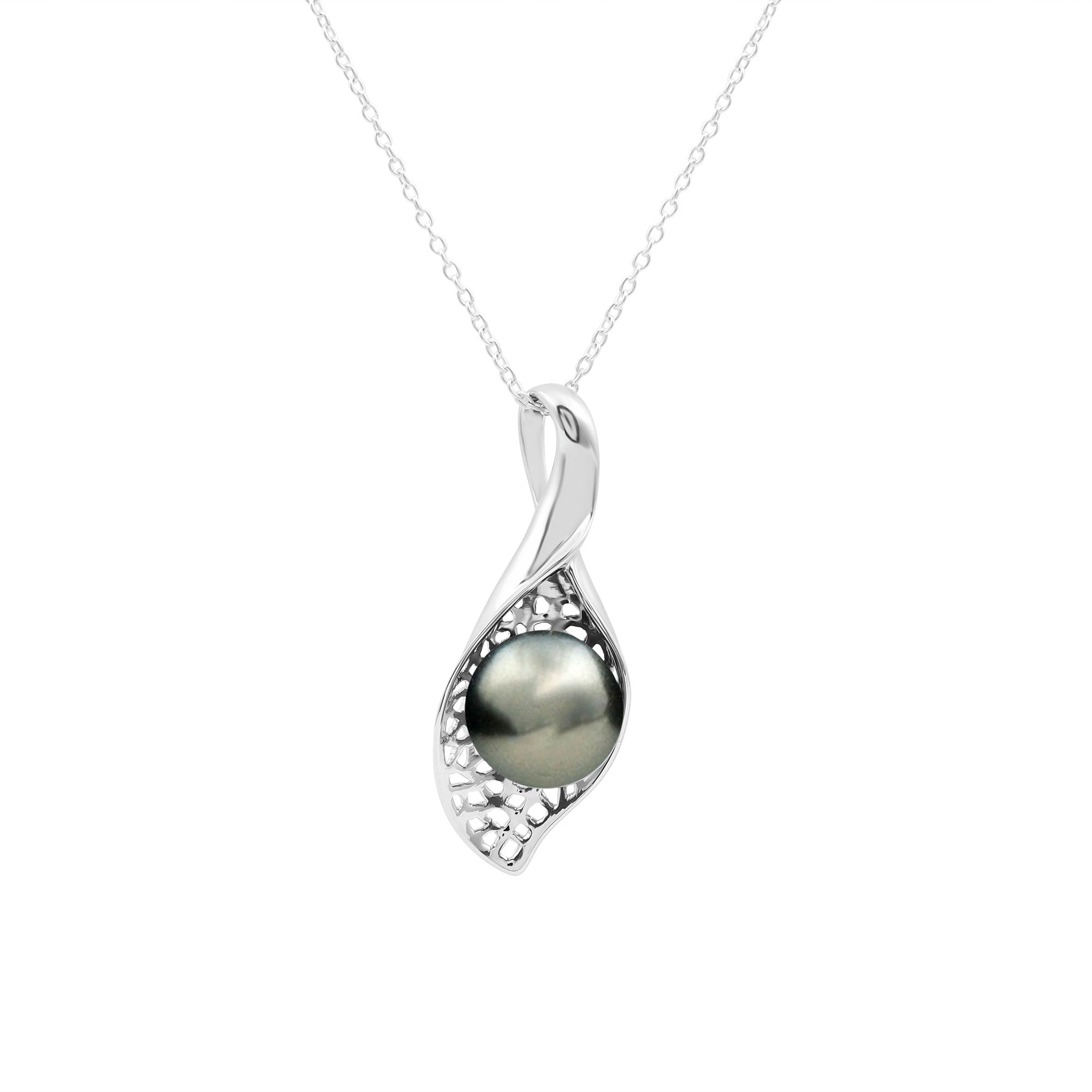 Leaf Inspired Black Pearl Pendant Necklace in Silver - Rosec Jewels