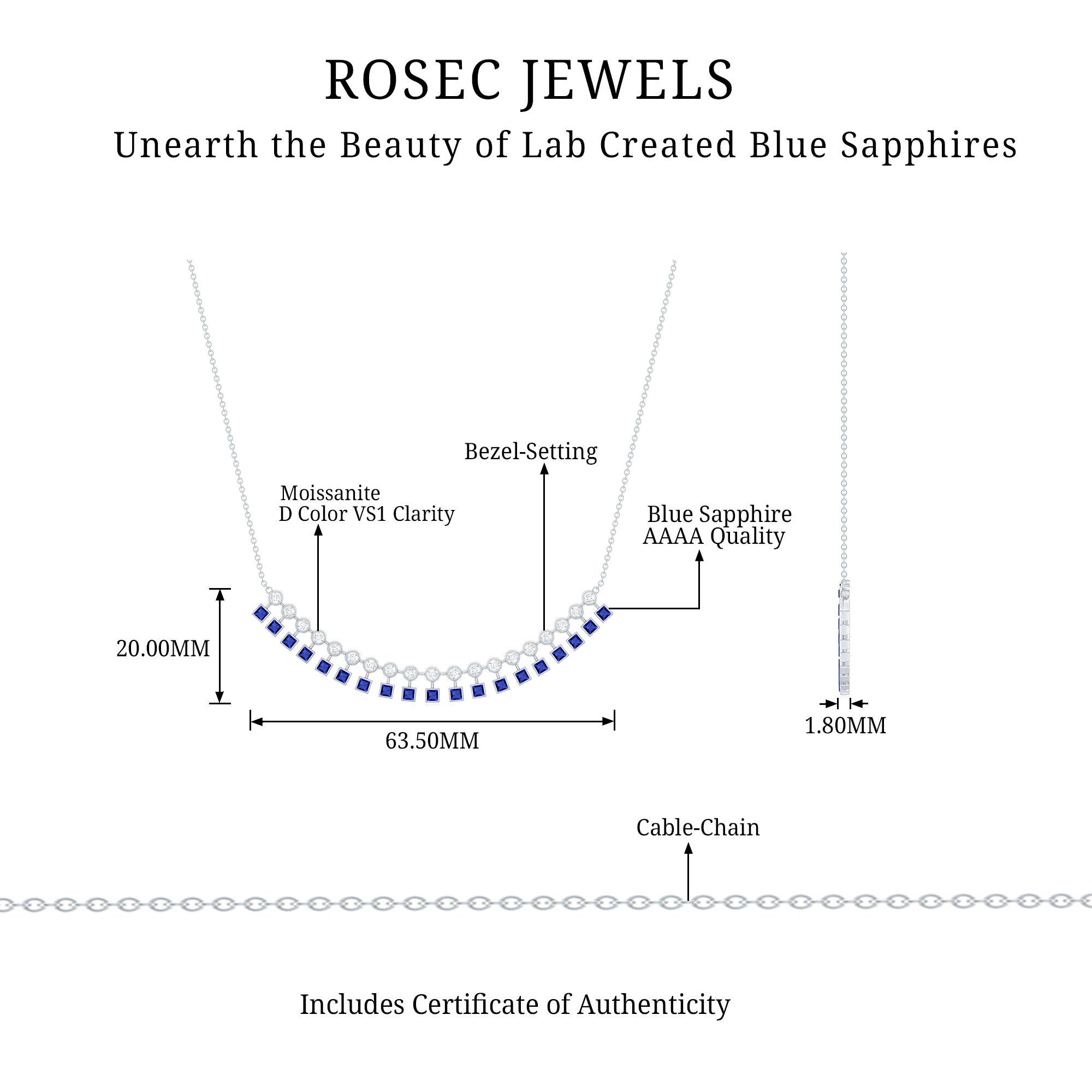 Princess Cut Created Blue Sapphire Silver Statement Necklace with Zircon - Rosec Jewels