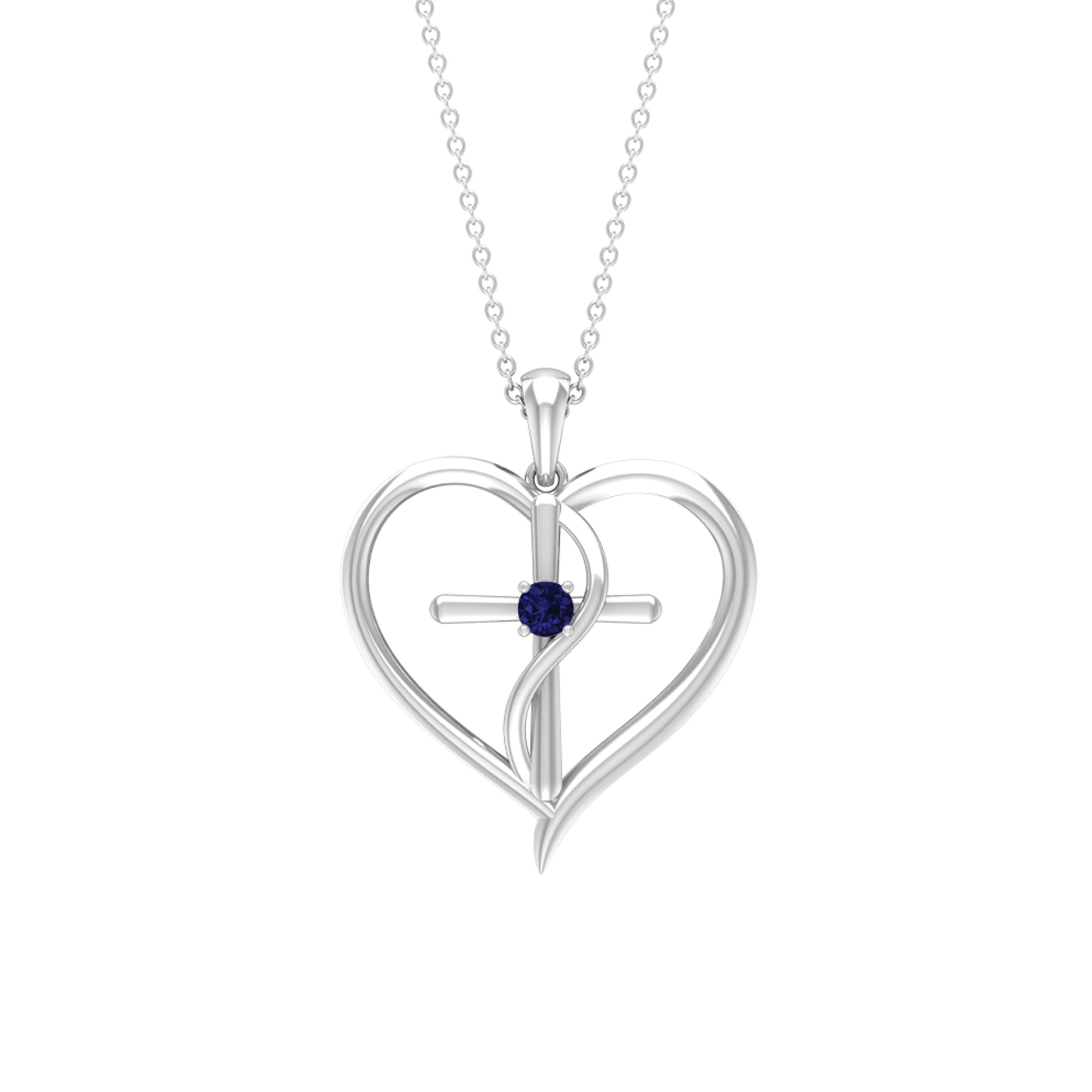 3 MM Blue Sapphire Cross Heart Necklace for Women Blue Sapphire - ( AAA ) - Quality - Rosec Jewels