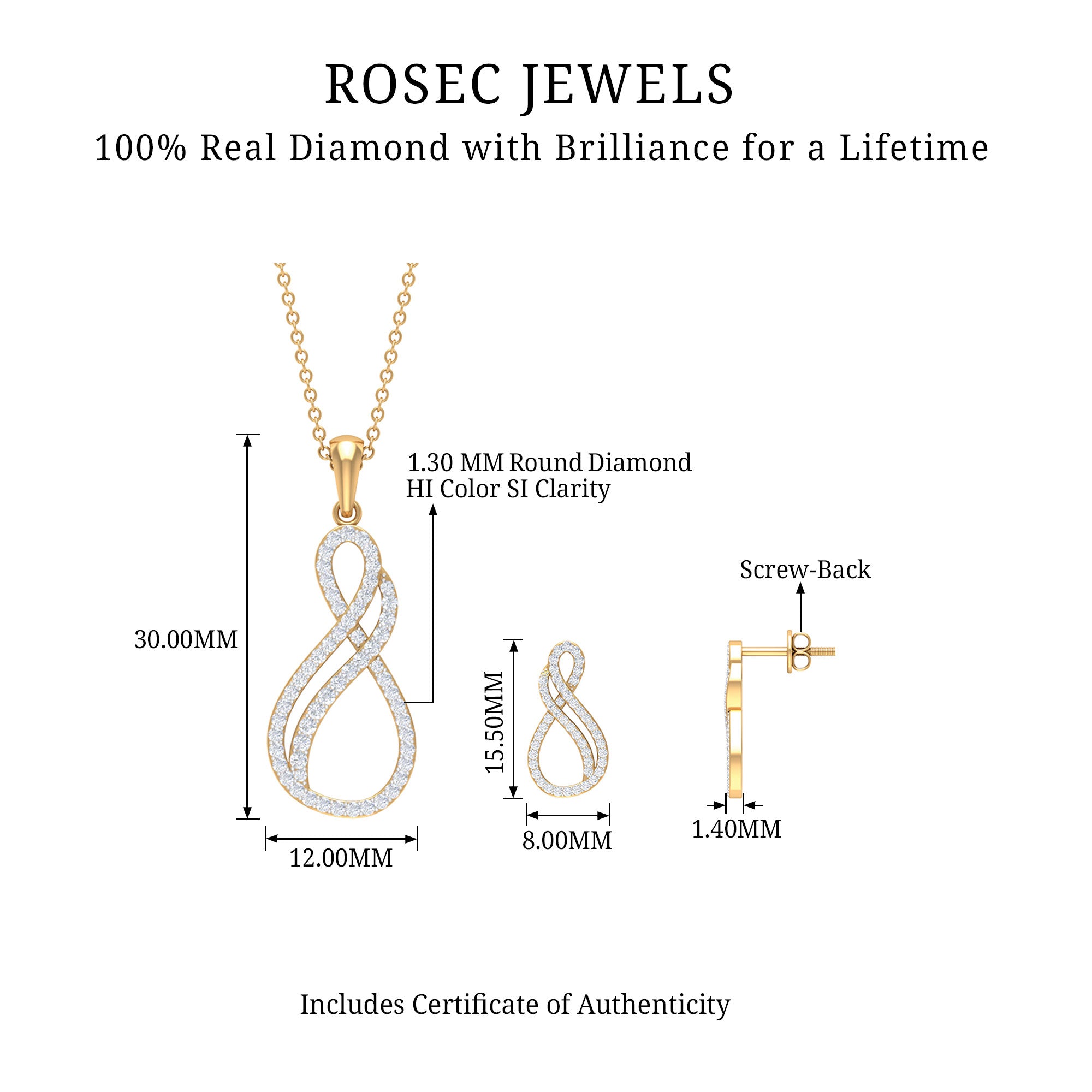 Infinity Earrings and Necklace Set with 3/4 CT Diamond Diamond - ( HI-SI ) - Color and Clarity - Rosec Jewels