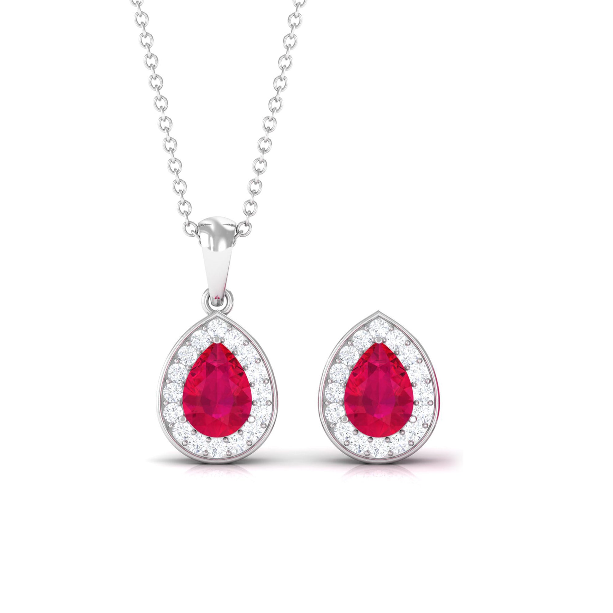 3.25 CT Pear Cut Ruby and Moissanite Pendant and Earring Set Ruby - ( AAA ) - Quality - Rosec Jewels