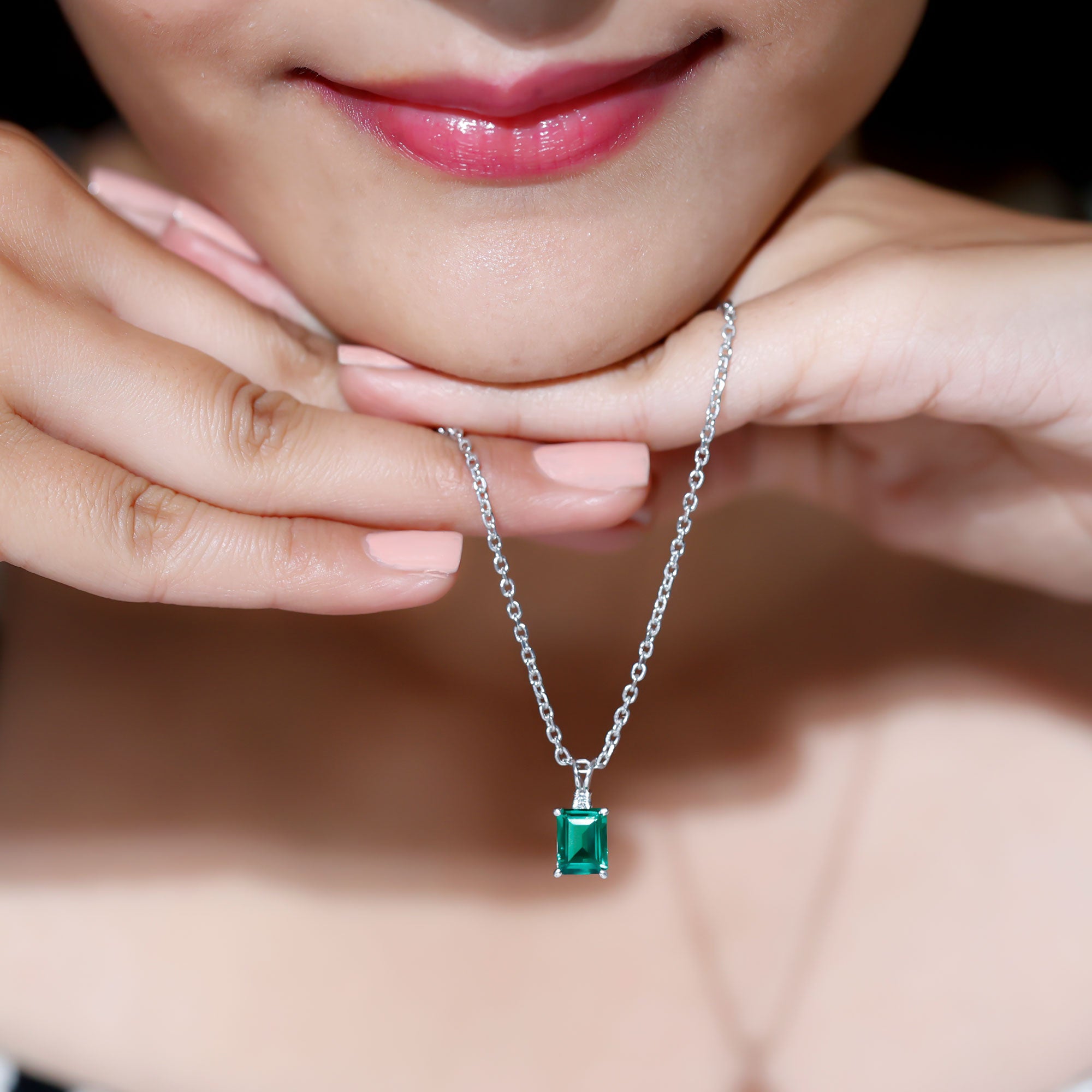 Octagon Cut Created Emerald Silver Solitaire Pendant with Dainty Moissanite - Rosec Jewels