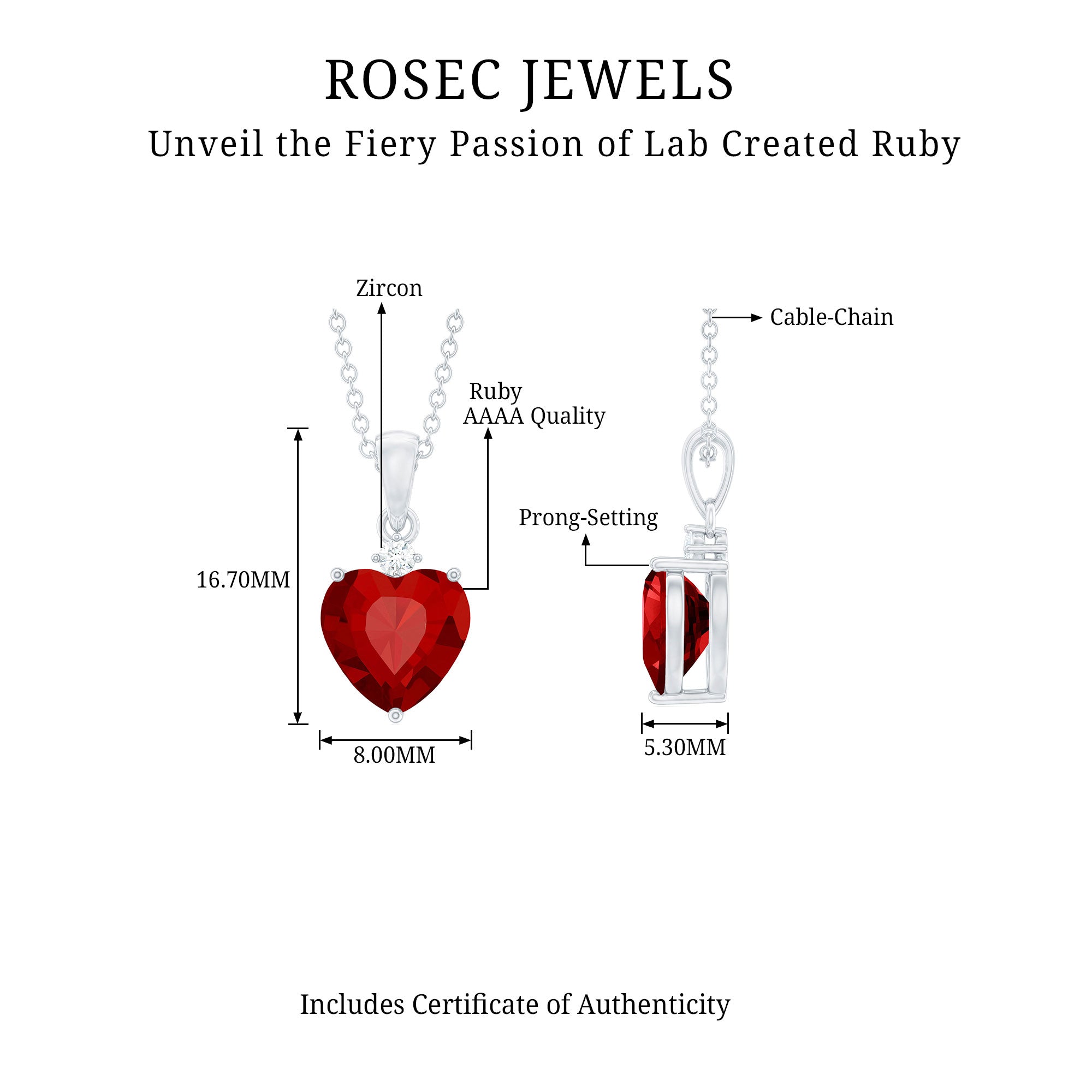 2 CT Created Ruby Silver Heart Pendant Necklace with Zircon - Rosec Jewels