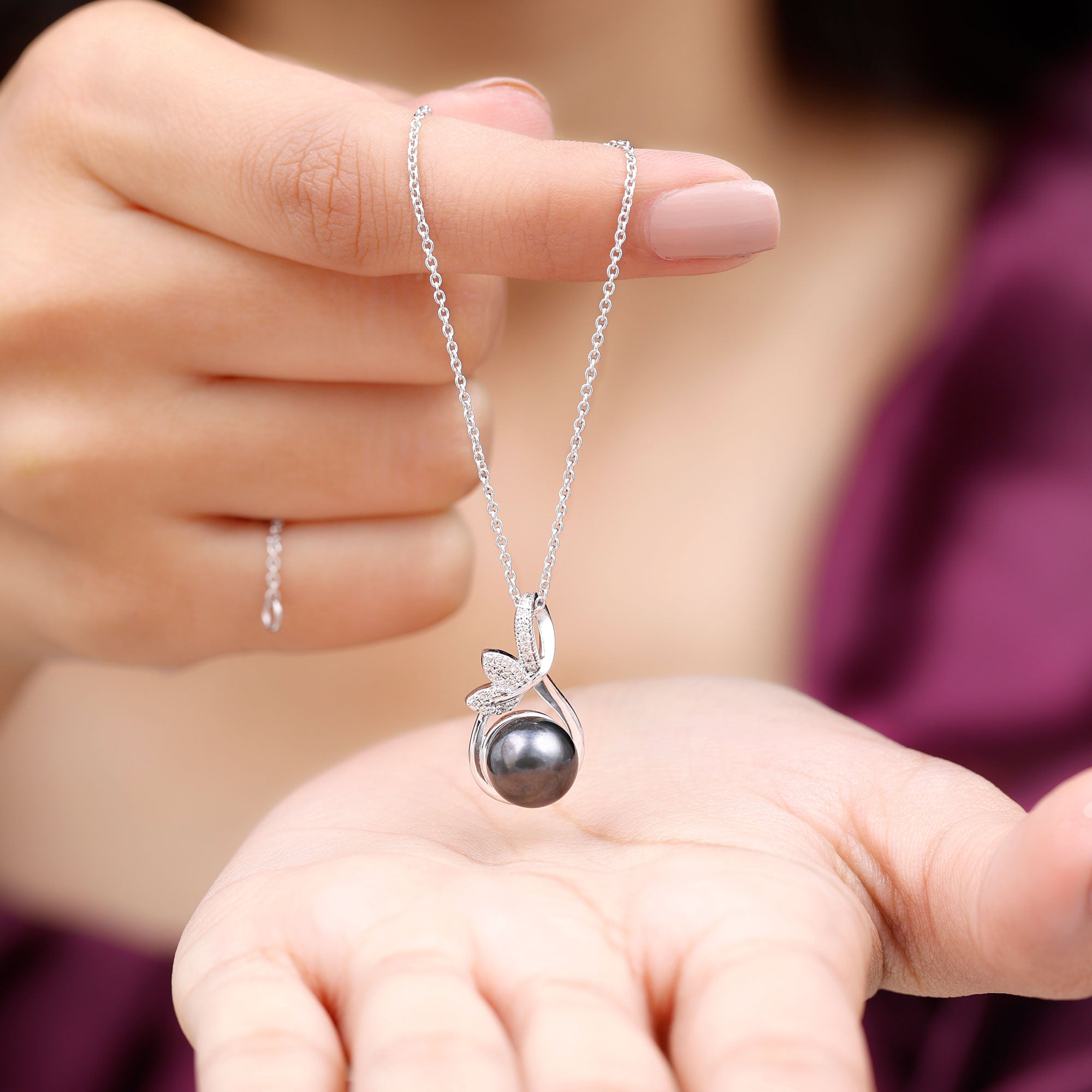 Tahitian Pearl and Diamond Minimal Pendant with Leaf Motif Tahitian pearl - ( AAA ) - Quality - Rosec Jewels