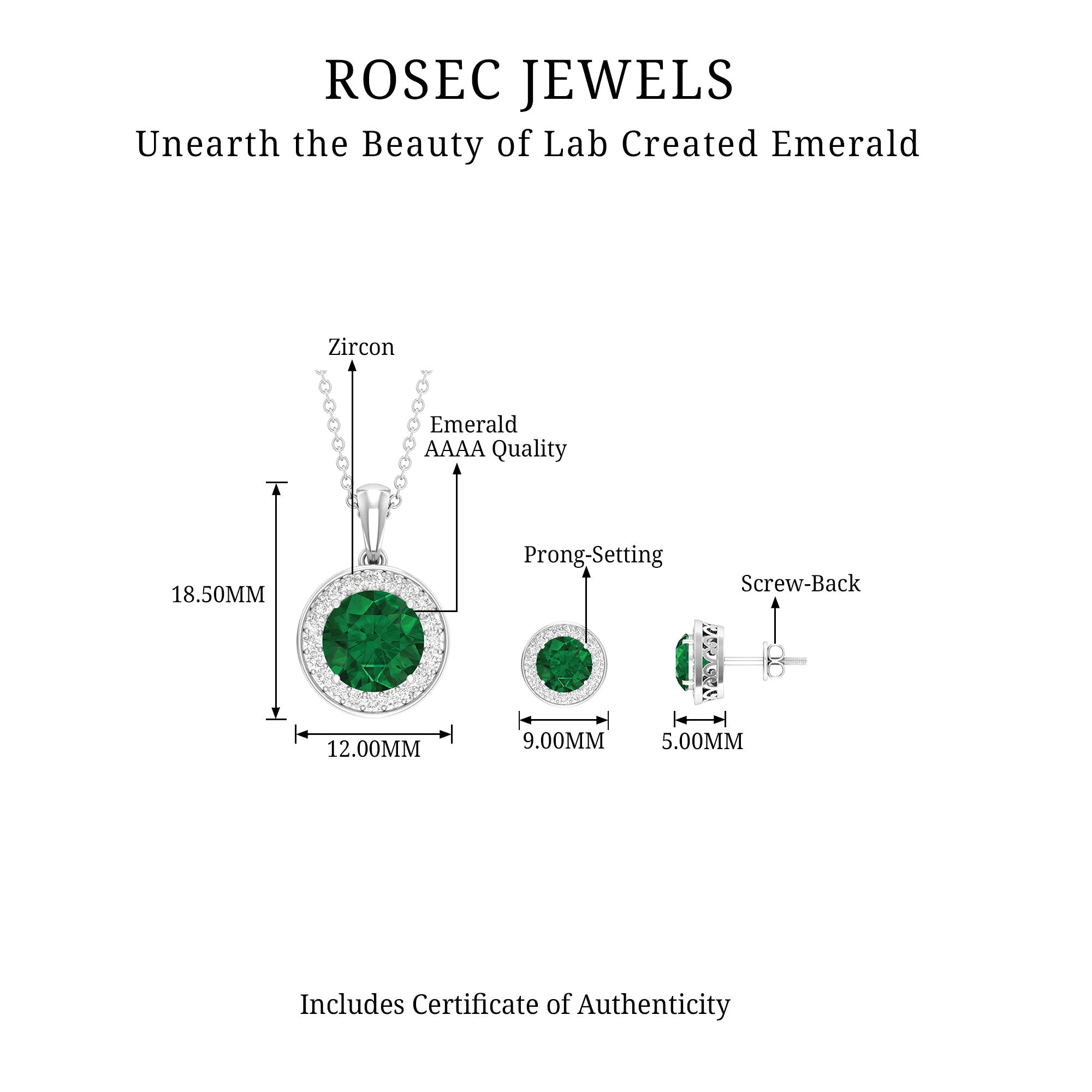 4.75 CT Classic Created Emerald Silver Halo Jewelry Set with Zircon - Rosec Jewels