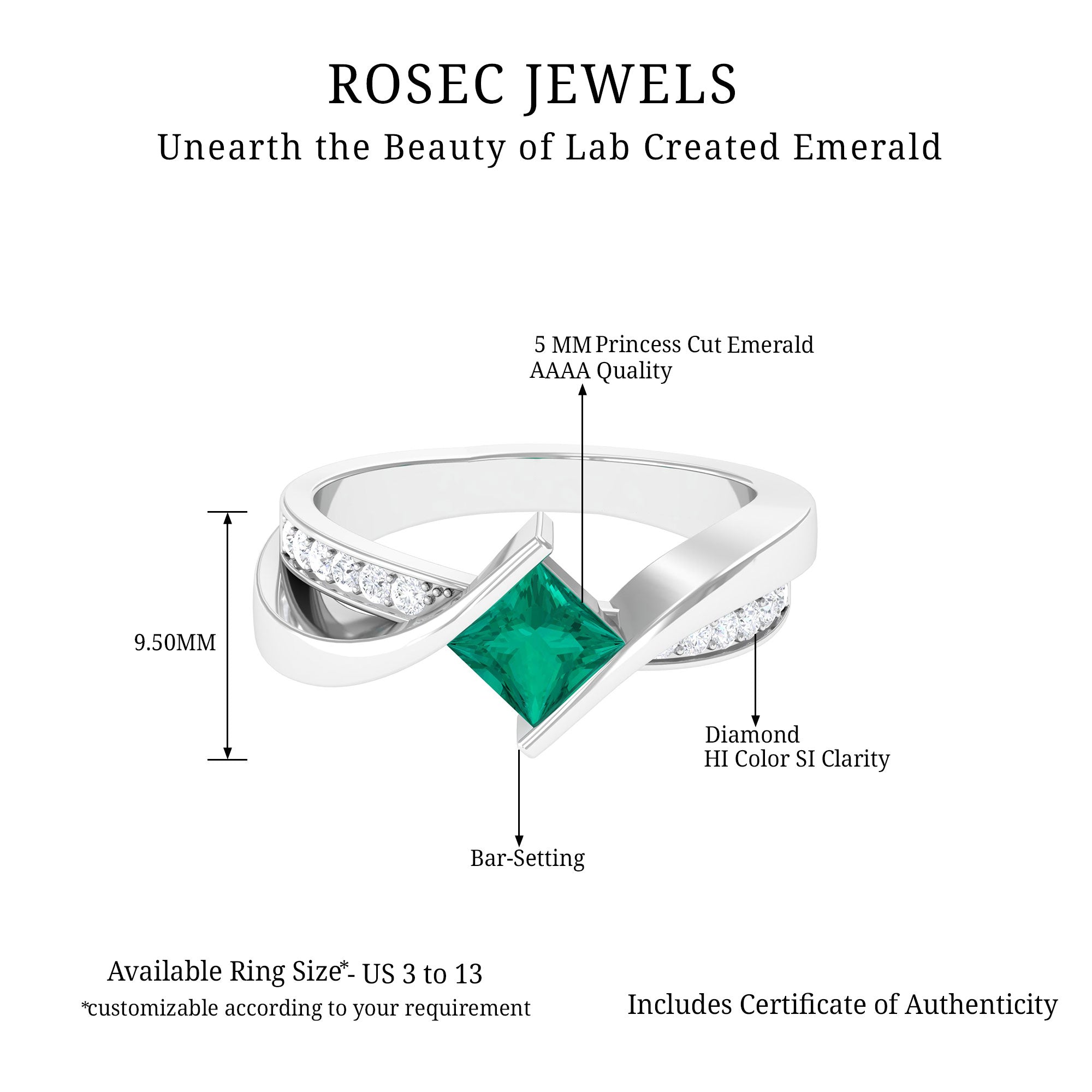 Princess Cut Lab Grown Emerald Bypass Engagement Ring with Diamond Lab Created Emerald - ( AAAA ) - Quality - Rosec Jewels