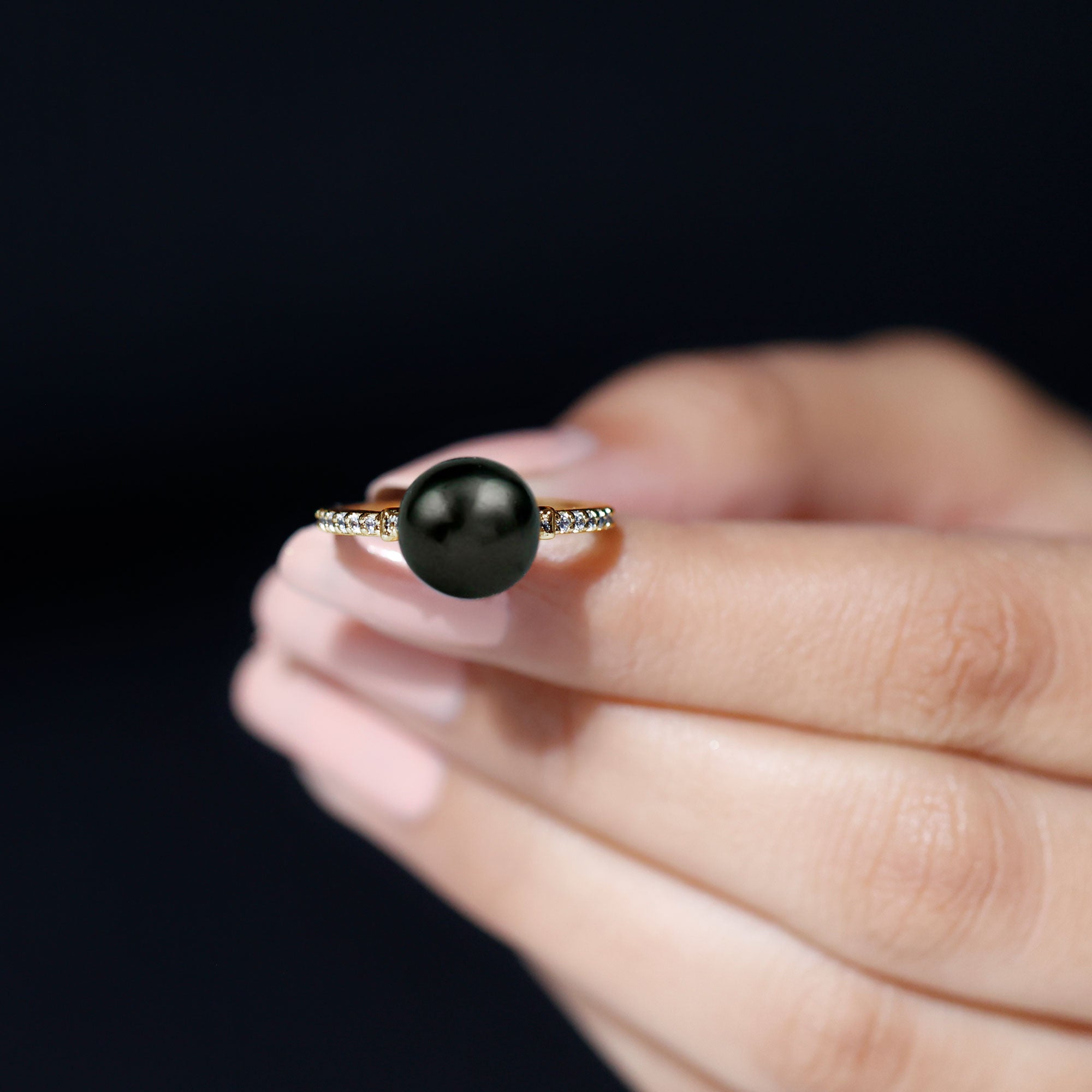 Rosec Jewels-Classic Black Pearl Ring with Diamond Side Stones