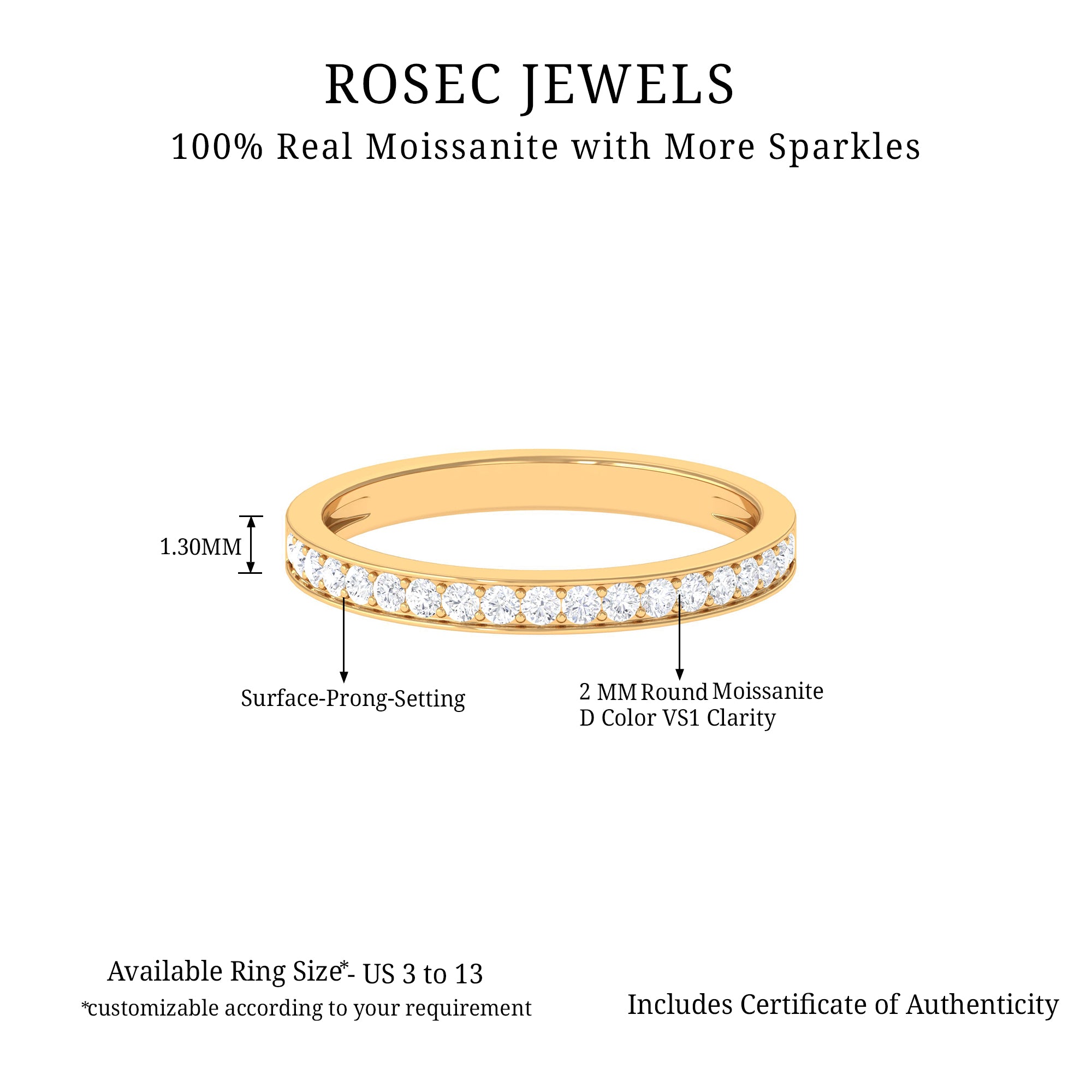 Certified Moissanite Half Eternity Ring Moissanite - ( D-VS1 ) - Color and Clarity - Rosec Jewels