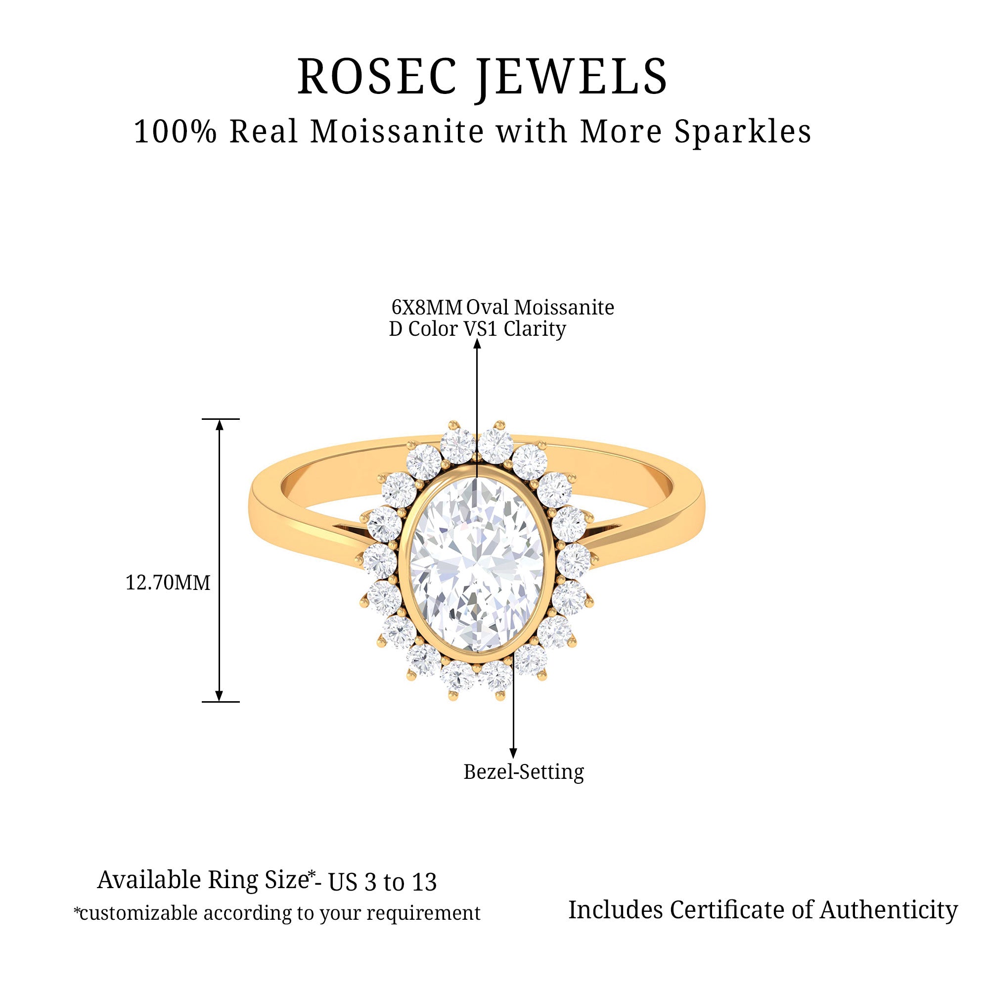 Halo Engagement Ring with Moissanite Moissanite - ( D-VS1 ) - Color and Clarity - Rosec Jewels