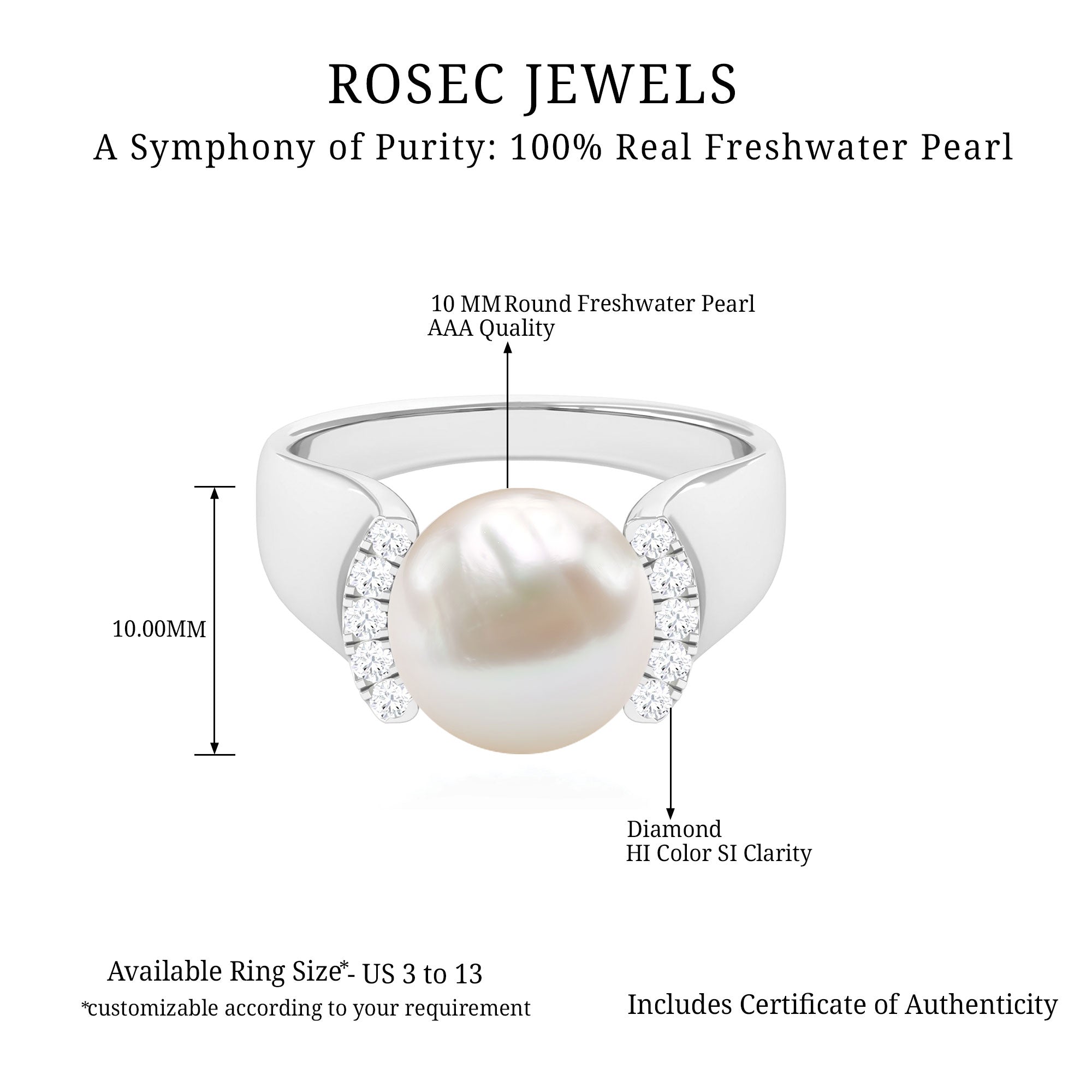 8.25 CT Freshwater Pearl Solitaire with Diamond Collar Ring Freshwater Pearl - ( AAA ) - Quality - Rosec Jewels