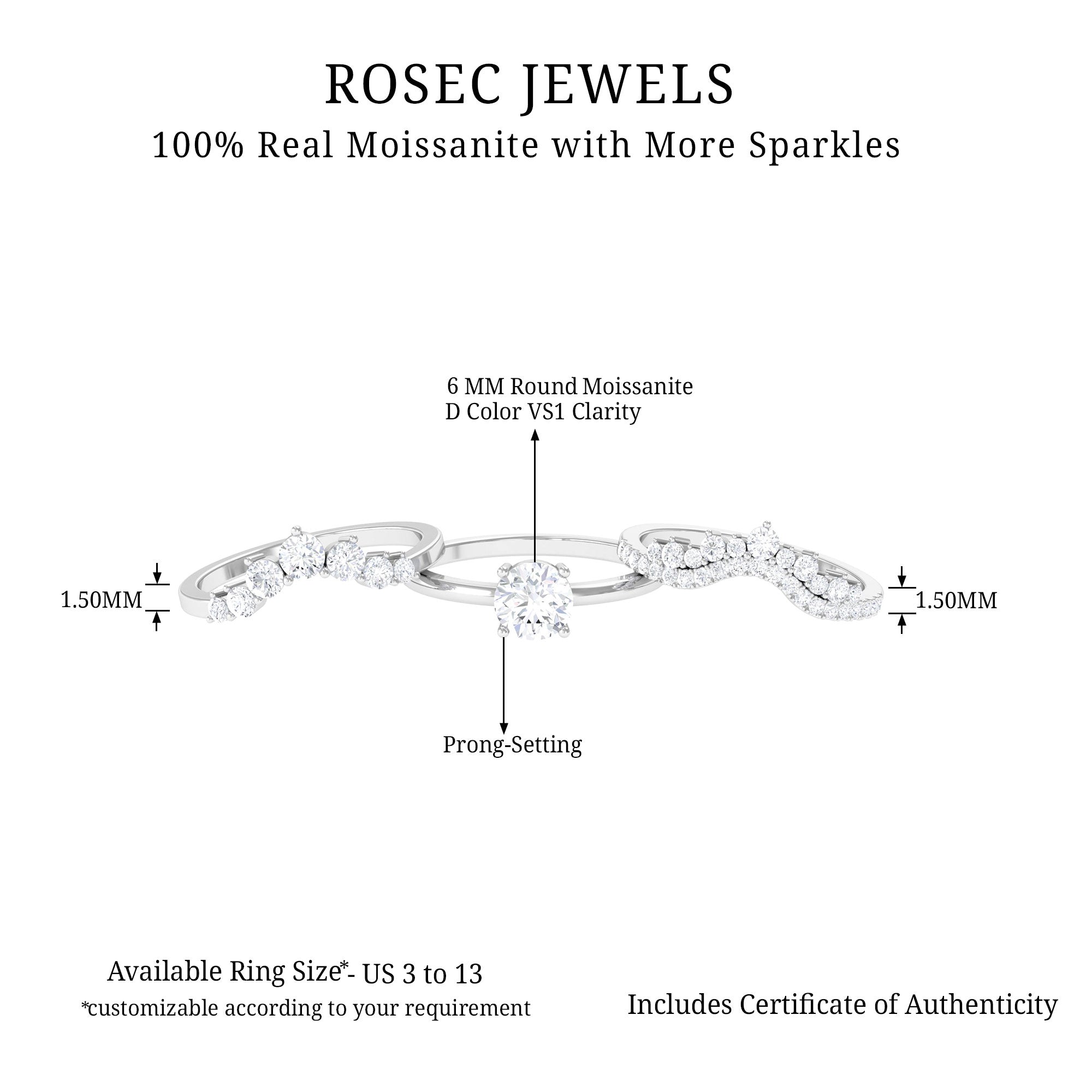 Certified Moissanite Designer Bridal Ring Set Moissanite - ( D-VS1 ) - Color and Clarity - Rosec Jewels