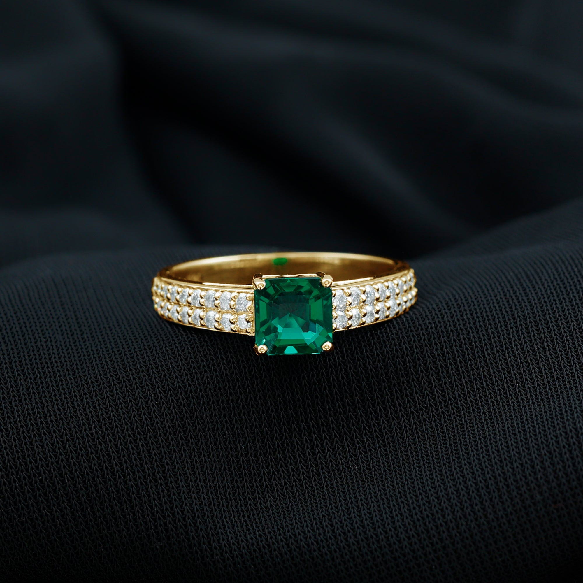 Asscher Cut Lab Grown Emerald Engagement Ring with Diamond Side Stones Lab Created Emerald - ( AAAA ) - Quality - Rosec Jewels