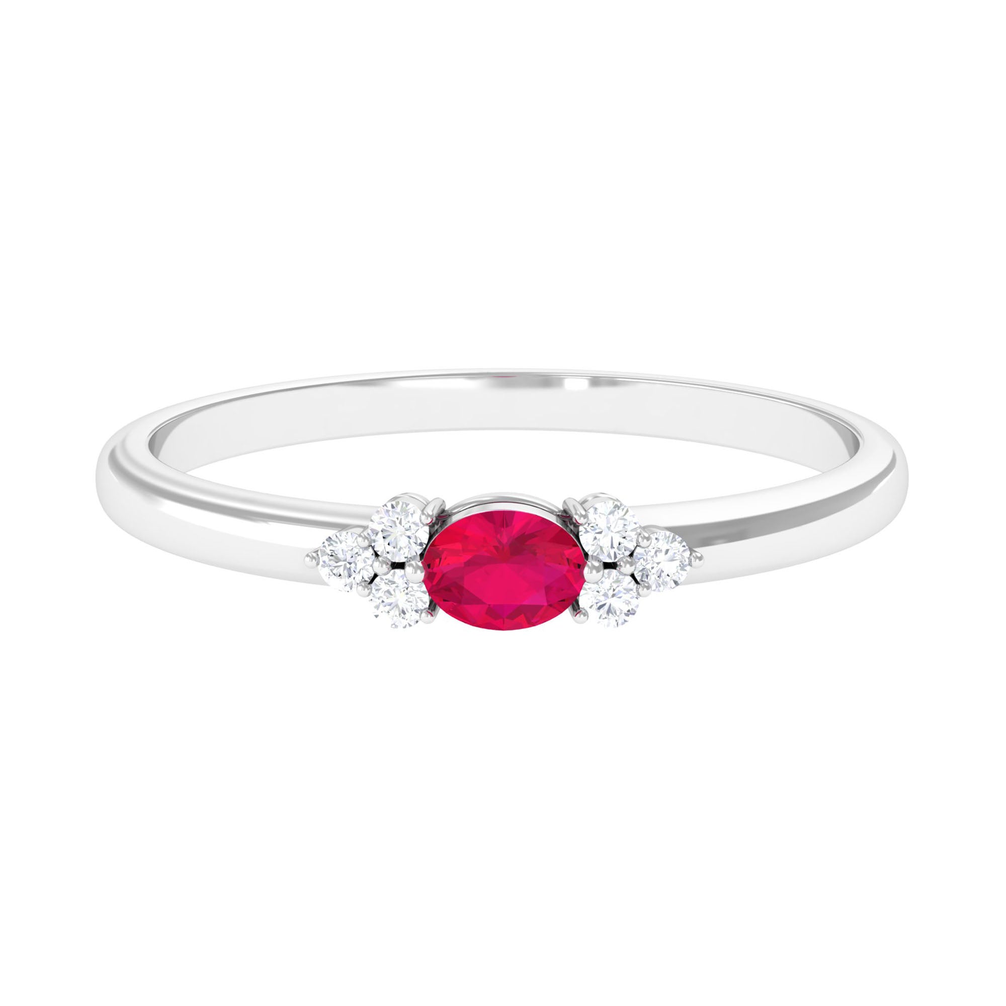 Oval Cut Ruby and Trio Diamond Promise Ring Ruby - ( AAA ) - Quality - Rosec Jewels