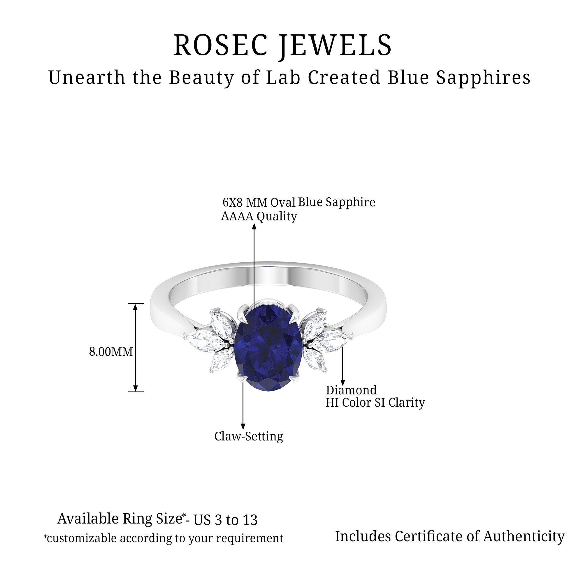 Rosec Jewels-1.75 CT Created Blue Sapphire Solitaire Ring with Diamond Accent