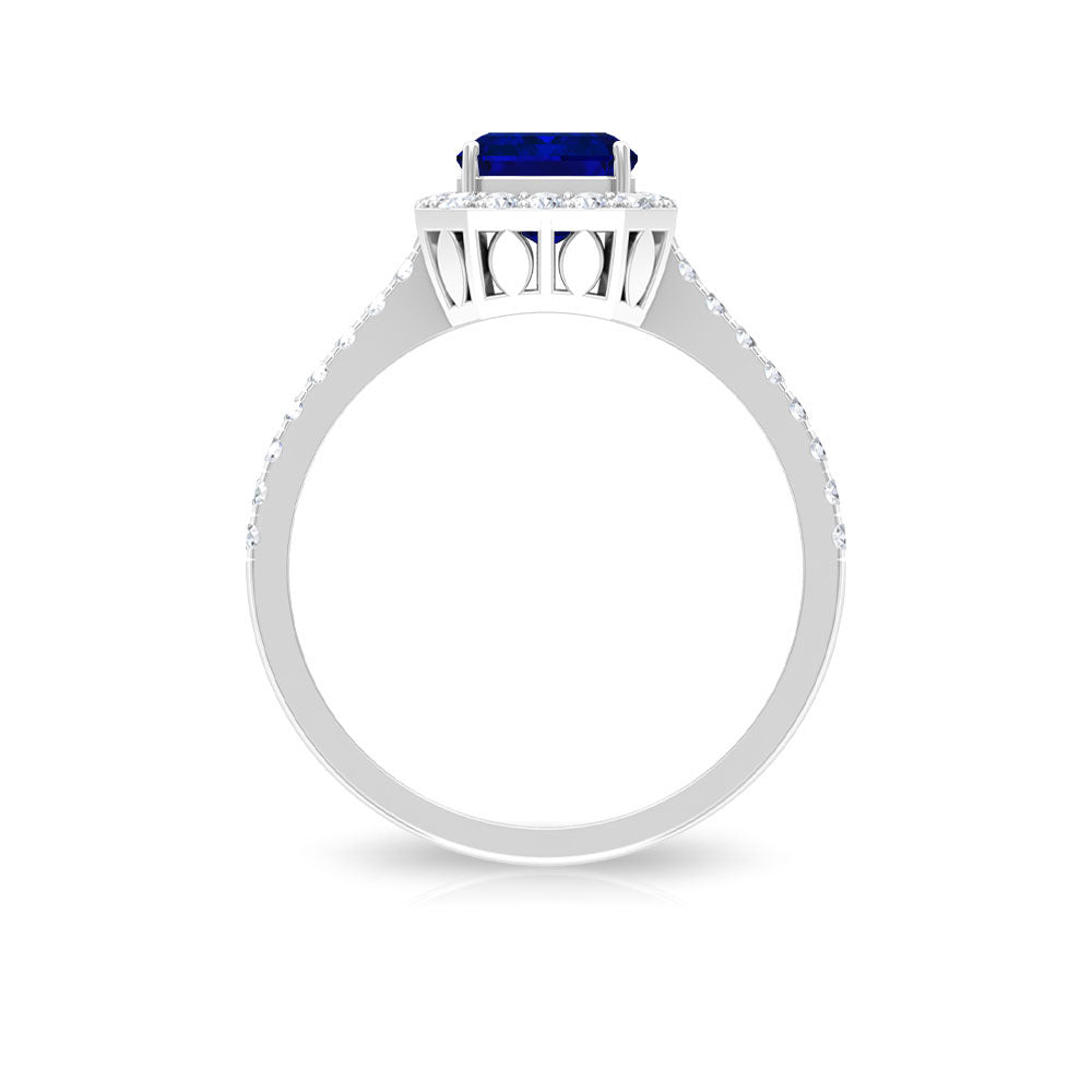 Emerald Cut Created Blue Sapphire Halo Engagement Ring with Diamond Lab Created Blue Sapphire - ( AAAA ) - Quality - Rosec Jewels