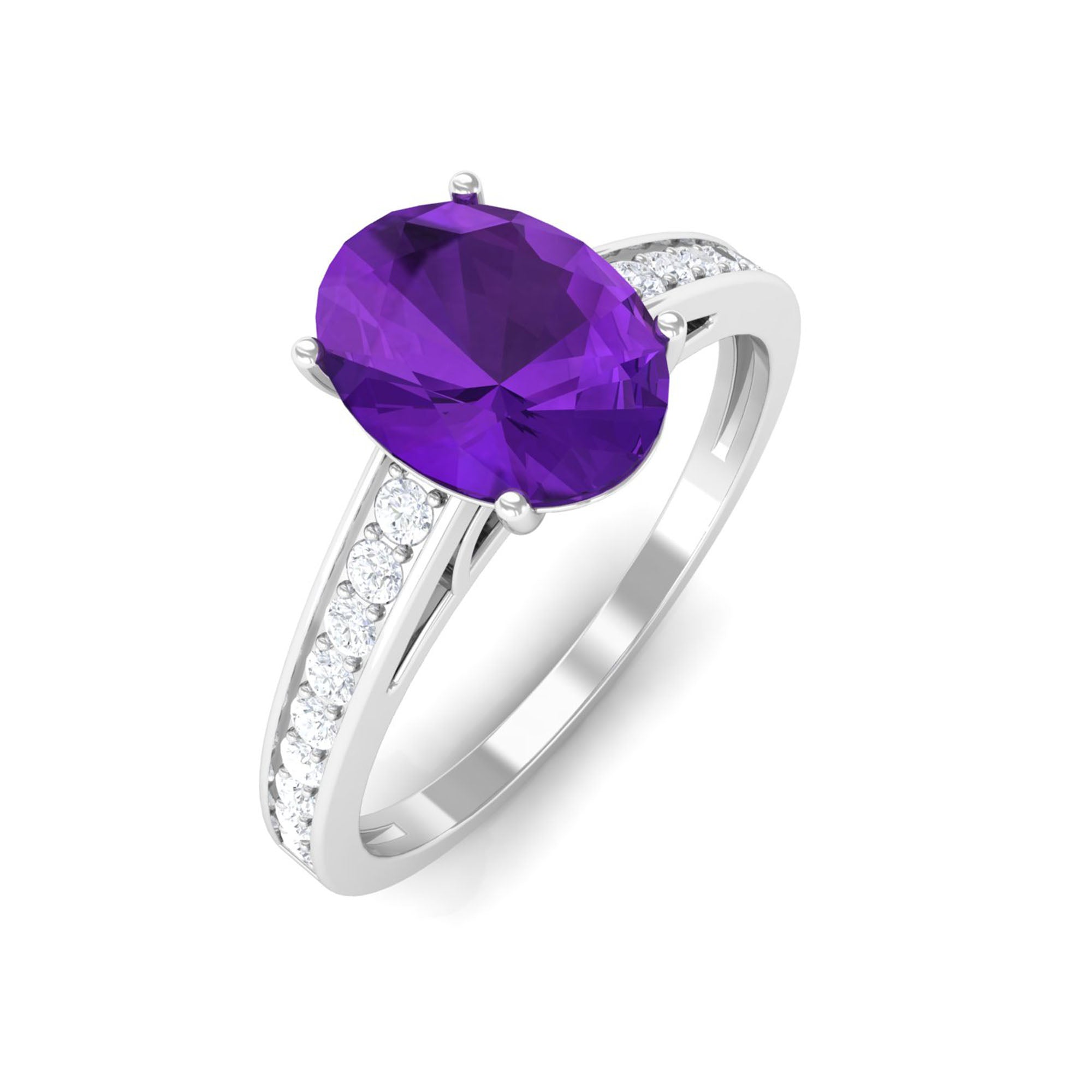 4 Prong Set Amethyst Solitaire and Diamond Ring Amethyst - ( AAA ) - Quality - Rosec Jewels