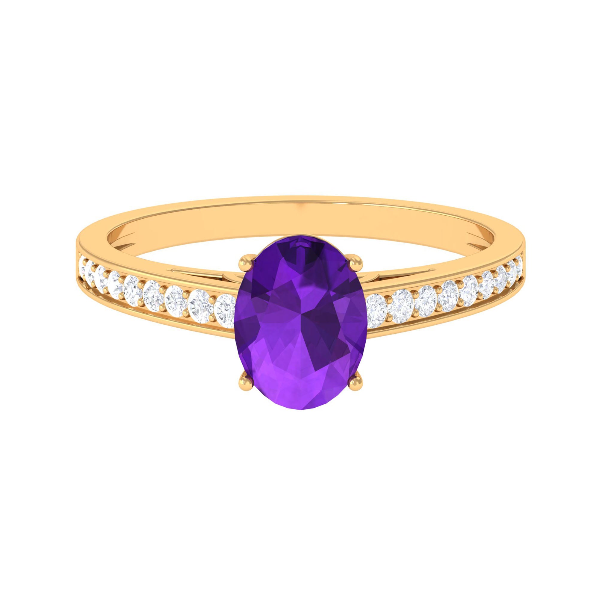 4 Prong Set Amethyst Solitaire and Diamond Ring Amethyst - ( AAA ) - Quality - Rosec Jewels