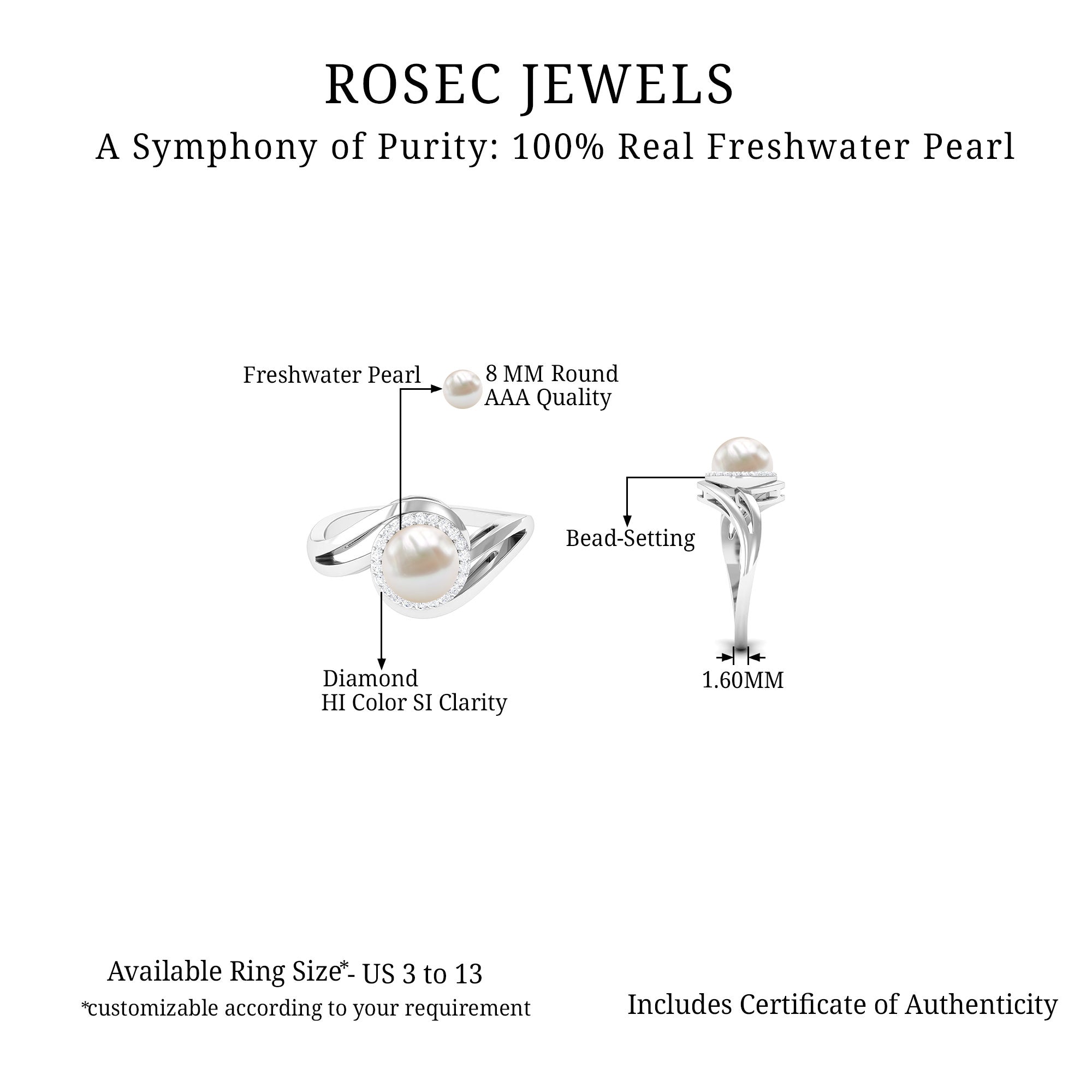 3.25 CT Freshwater Pearl Bypass Cocktail Ring with Diamond Halo Freshwater Pearl - ( AAA ) - Quality - Rosec Jewels