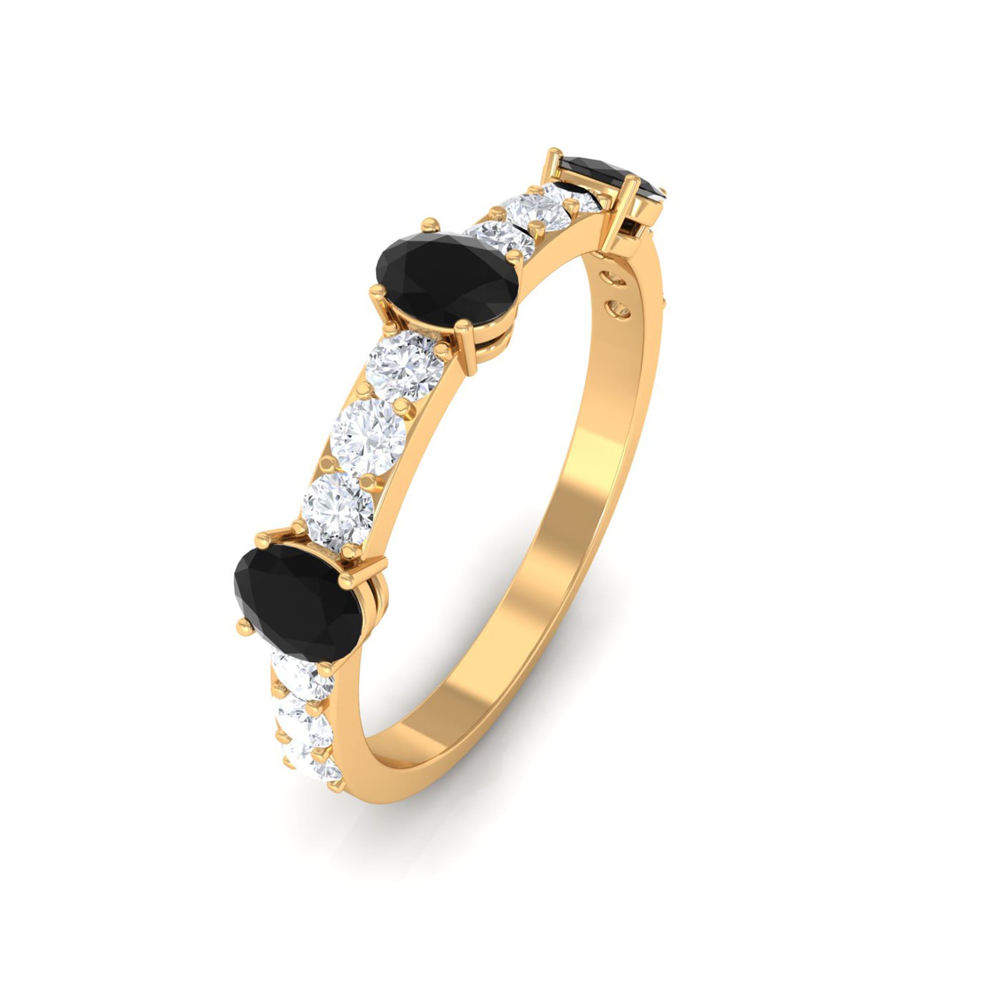 Black Onyx Oval Half Eternity Band with Diamond Black Onyx - ( AAA ) - Quality - Rosec Jewels