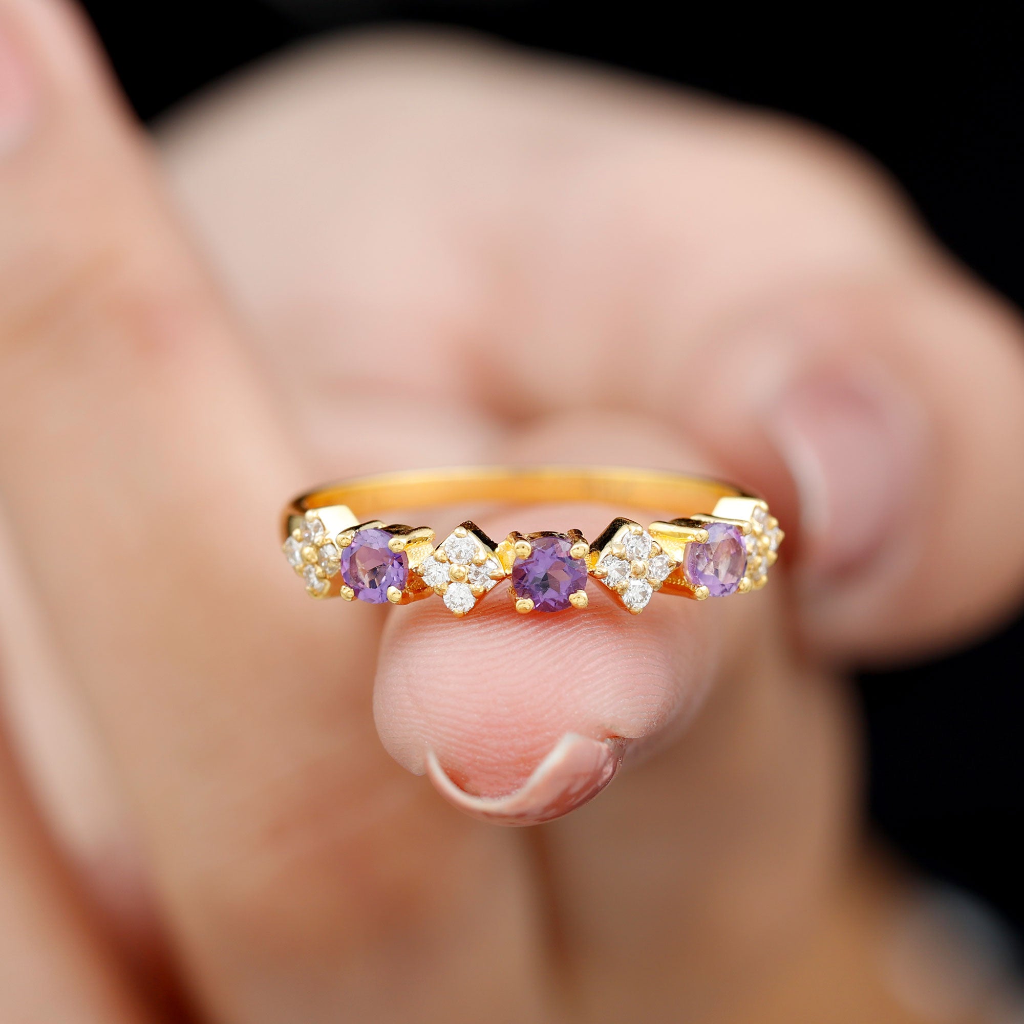 Round Amethyst and Diamond Semi Eternity Band Ring Amethyst - ( AAA ) - Quality - Rosec Jewels