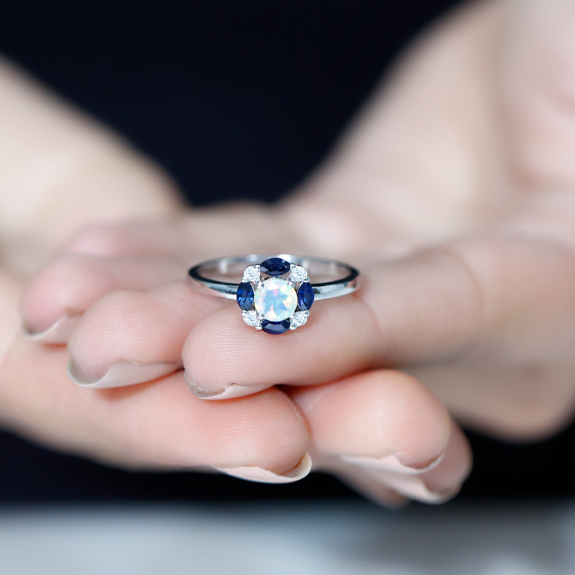 Ethiopian Opal Engagement Ring with Blue Sapphire and Moissanite Ethiopian Opal - ( AAA ) - Quality - Rosec Jewels