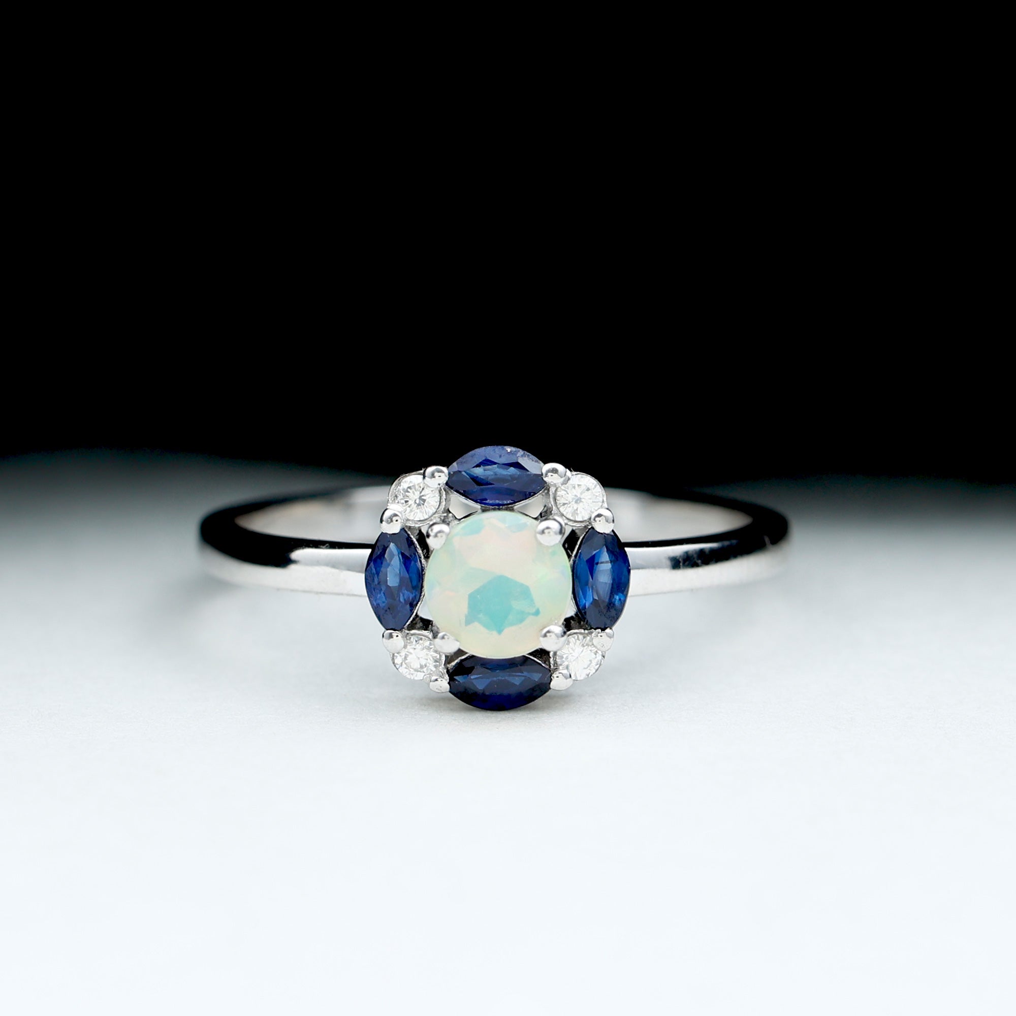 Ethiopian Opal Engagement Ring with Blue Sapphire and Moissanite Ethiopian Opal - ( AAA ) - Quality - Rosec Jewels